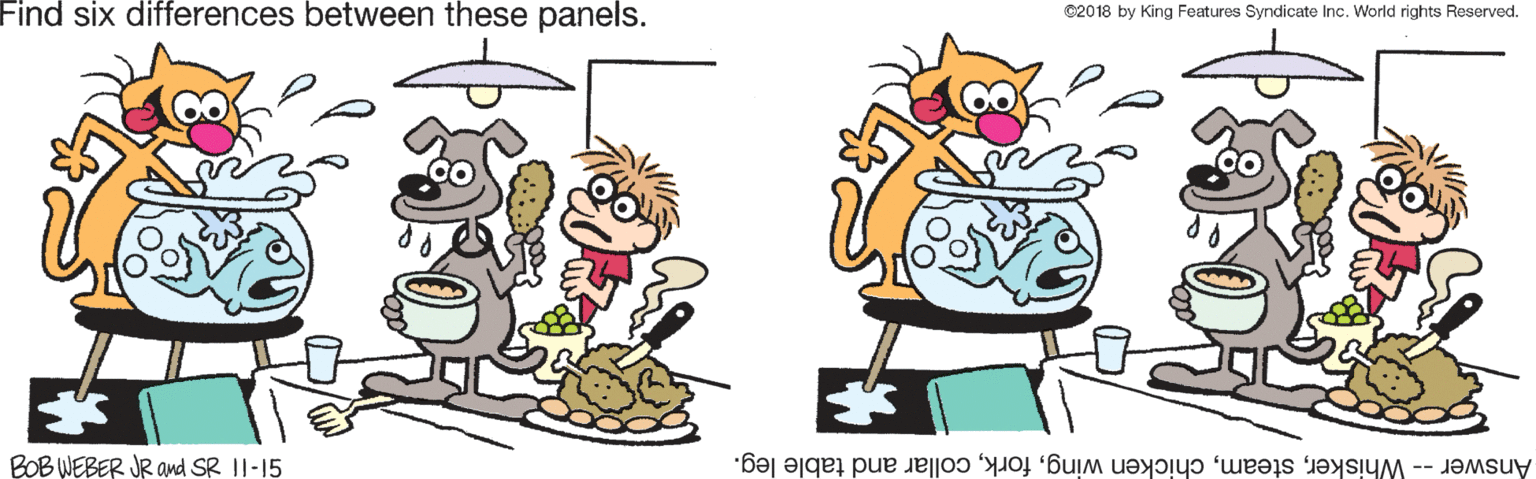 Line OCR: Find six differences between these panels. ©2018 by King Features Syndicate Inc. World rights Reserved. BOB WEBER JR and SR II-15 Answer -- Whiskercollar and table leg. Find six differences between these panels. ©2018 by King Features Syndicate Inc. World rights Reserved. BOB WEBER JR and SR II-15 Answer -- Whiskerchicken wingcollar and table leg.