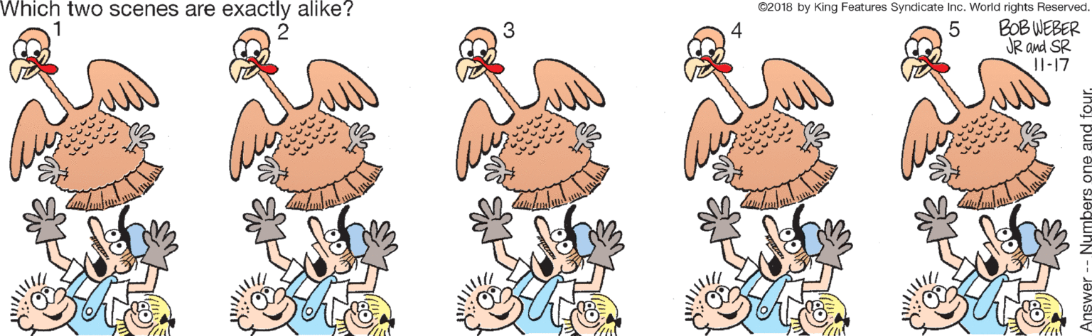 Natural environment OCR: Which two scenes are exactly alike? ©2018 by King Features Syndicate Inc. World rights Reserved. BOB WEBER JR and SR II-17 Which two scenes are exactly alike? ©2018 by King Features Syndicate Inc. World rights Reserved. BOB WEBER JR and SR II-17