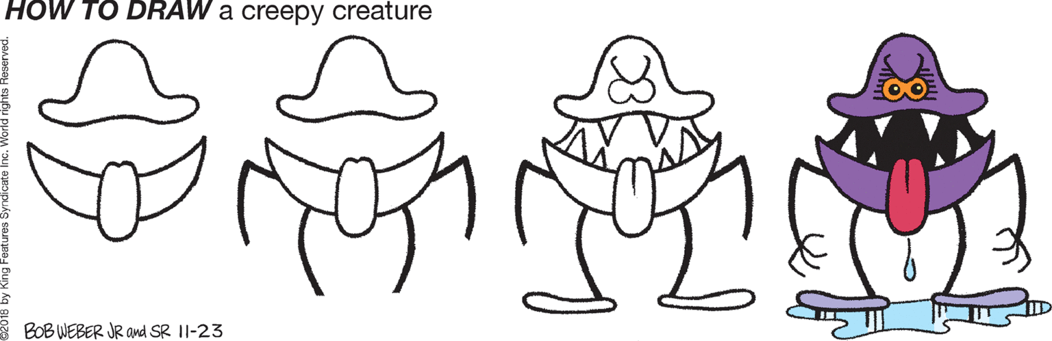 Illustration OCR: HOW TO DRAW a creepy creature BOB WEBER JR and SR 11-23 HOW TO DRAW a creepy creature BOB WEBER JR and SR 11-23