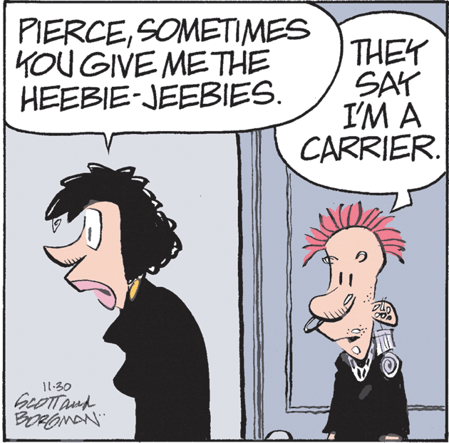 Publication OCR: PIERCESOMETIMES KOU GIVE METHE HEEBIE-JEEBIES. THEY SAT I'M A CARRIER. 11.30 BORONAN PIERCESOMETIMES KOU GIVE METHE HEEBIE-JEEBIES. THEY SAT I'M A CARRIER. 11.30 BORONAN