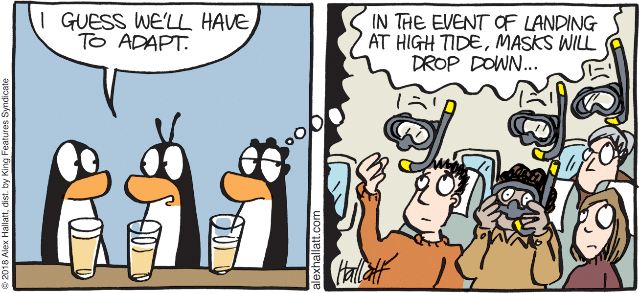 Graphics OCR: I GUESS WE'LL HAVETo ADAPT. IN THE EVENT OF LANDING AT HIGH TIDEMASKS WILL DROP DOWN.. 2018 Alex Hallattdist. by King Features Syndicate alexhallatt.com I GUESS WE'LL HAVETo ADAPT. IN THE EVENT OF LANDING AT HIGH TIDEMASKS WILL DROP DOWN.. 2018 Alex Hallattdist. by King Features Syndicate alexhallatt.com