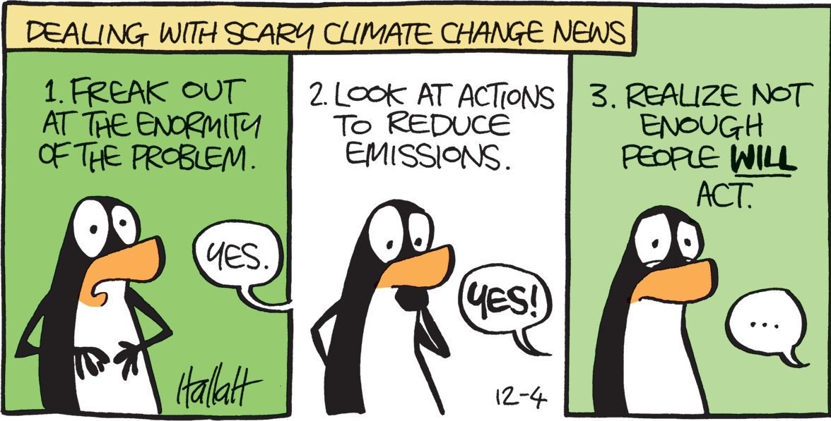 Illustration OCR: DEALING WITH SCARY CLIMATE CHANGE NEWS 1. FREAK OUT AT THE ENORMITY OF THE PROBLEM. 2. LOOK AT ACTiONS 3. REALIZE NOT ENOUGH PEOPLE WILL ???. To REDUCÉ EMISSIONS. YES. YES! Halatt 12-4 DEALING WITH SCARY CLIMATE CHANGE NEWS 1. FREAK OUT AT THE ENORMITY OF THE PROBLEM. 2. LOOK AT ACTiONS 3. REALIZE NOT ENOUGH PEOPLE WILL ???. To REDUCÉ EMISSIONS. YES. YES! Halatt 12-4