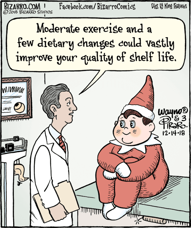 Sharing OCR: BIZARRO.COM I © 2018 BIZARRO STUDIOS Facebook.com/BizarroComics Dist Y King Features Moderate exercise and a few dietary changes could vastly improve your quality of shelf life. Wayno® '& 3 PIROR. 12.14-18 BIZARRO.COM I © 2018 BIZARRO STUDIOS Facebook.com/BizarroComics Dist Y King Features Moderate exercise and a few dietary changes could vastly improve your quality of shelf life. Wayno® '& 3 PIROR. 12.14-18