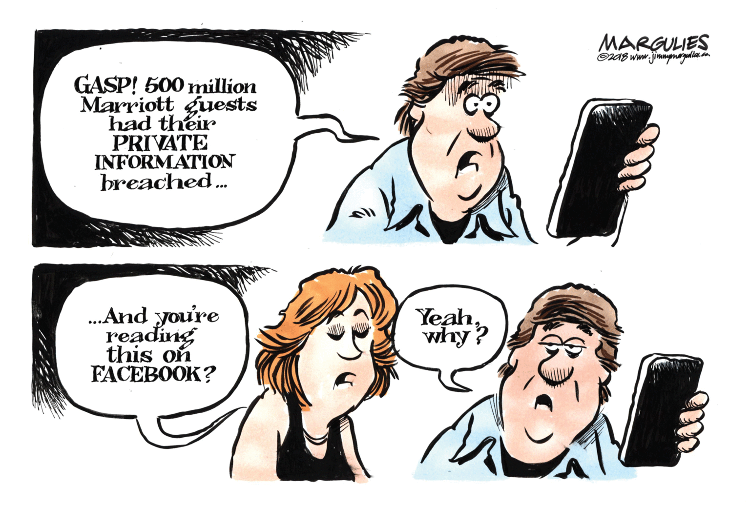 Pleased OCR: MARGULIES GASP! 500 million Marriott guests had their PRIVATE INFORMATION breached. .And you're reading this on FACEBOOK? Yeahwhy? MARGULIES GASP! 500 million Marriott guests had their PRIVATE INFORMATION breached. .And you're reading this on FACEBOOK? Yeah
