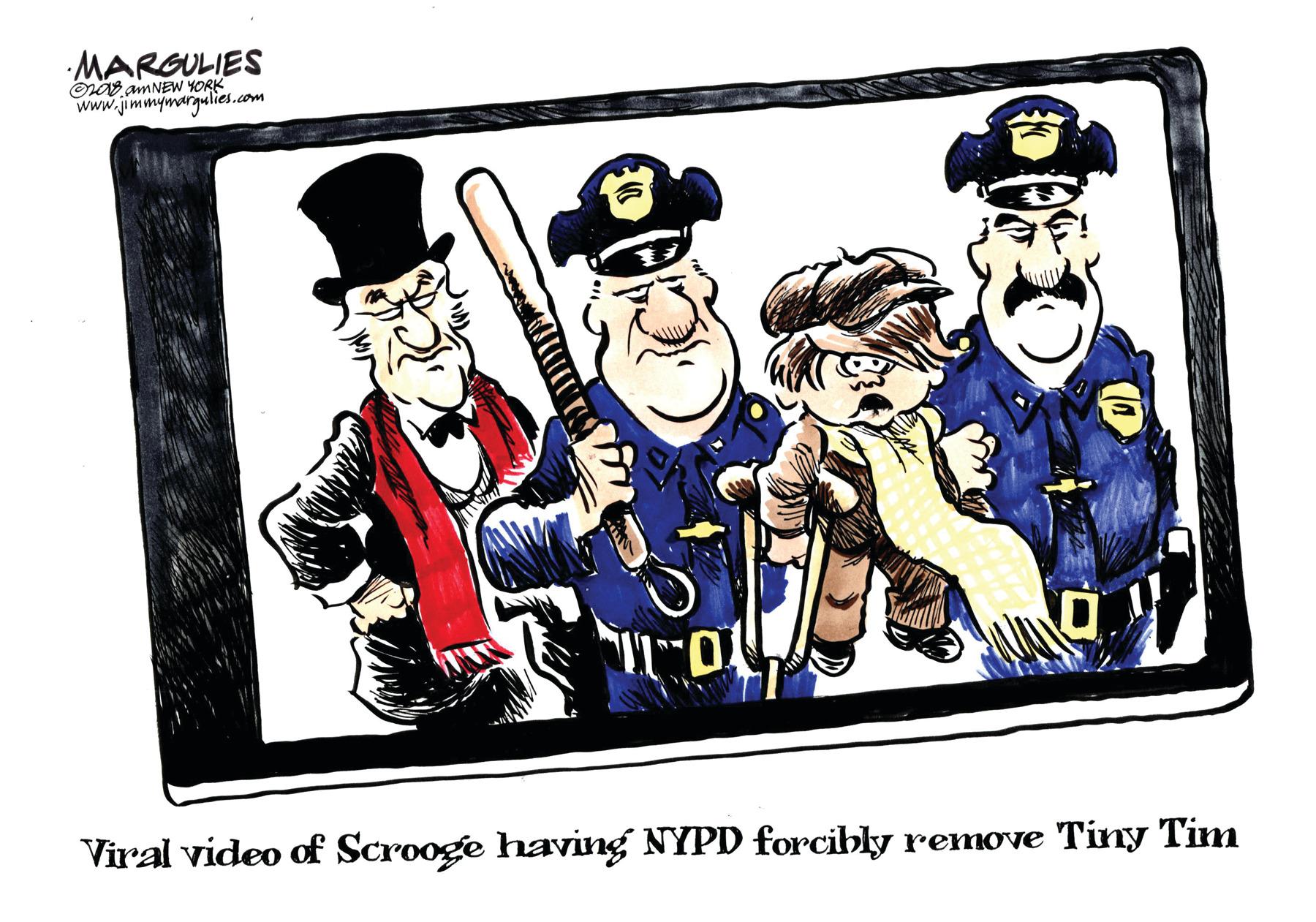 Drawing OCR: MARGULIES O amNEW YORK www.jimmymargulies.com Viral video of Scrooge having NYPD forcibly remove Tiny Tim MARGULIES O amNEW YORK www.jimmymargulies.com Viral video of Scrooge having NYPD forcibly remove Tiny Tim