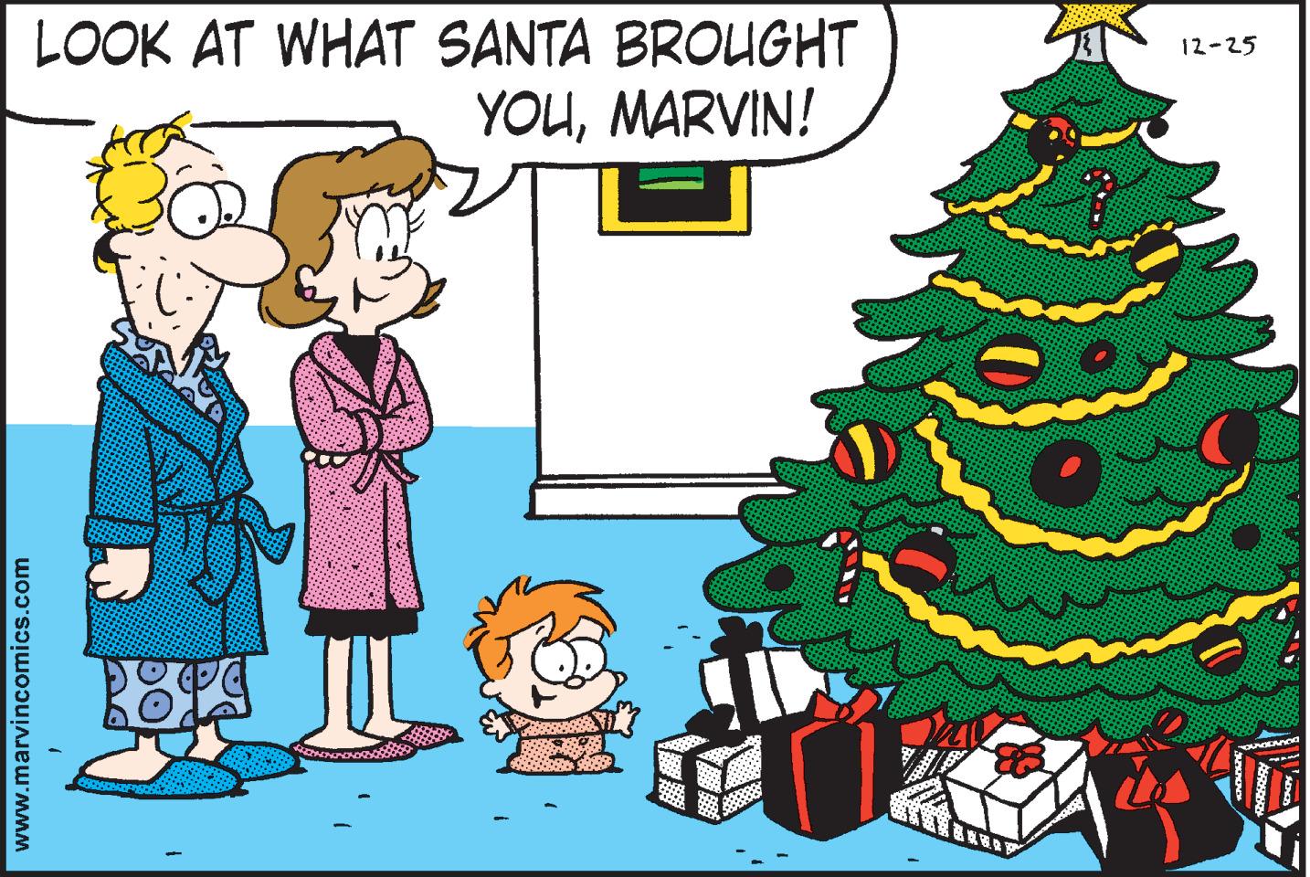 Holiday ornament OCR: LOOK AT WHAT SANTA BROUGHT YOUMARVIN! 12-25 www.marvincomics.com LOOK AT WHAT SANTA BROUGHT YOUMARVIN! 12-25 www.marvincomics.com