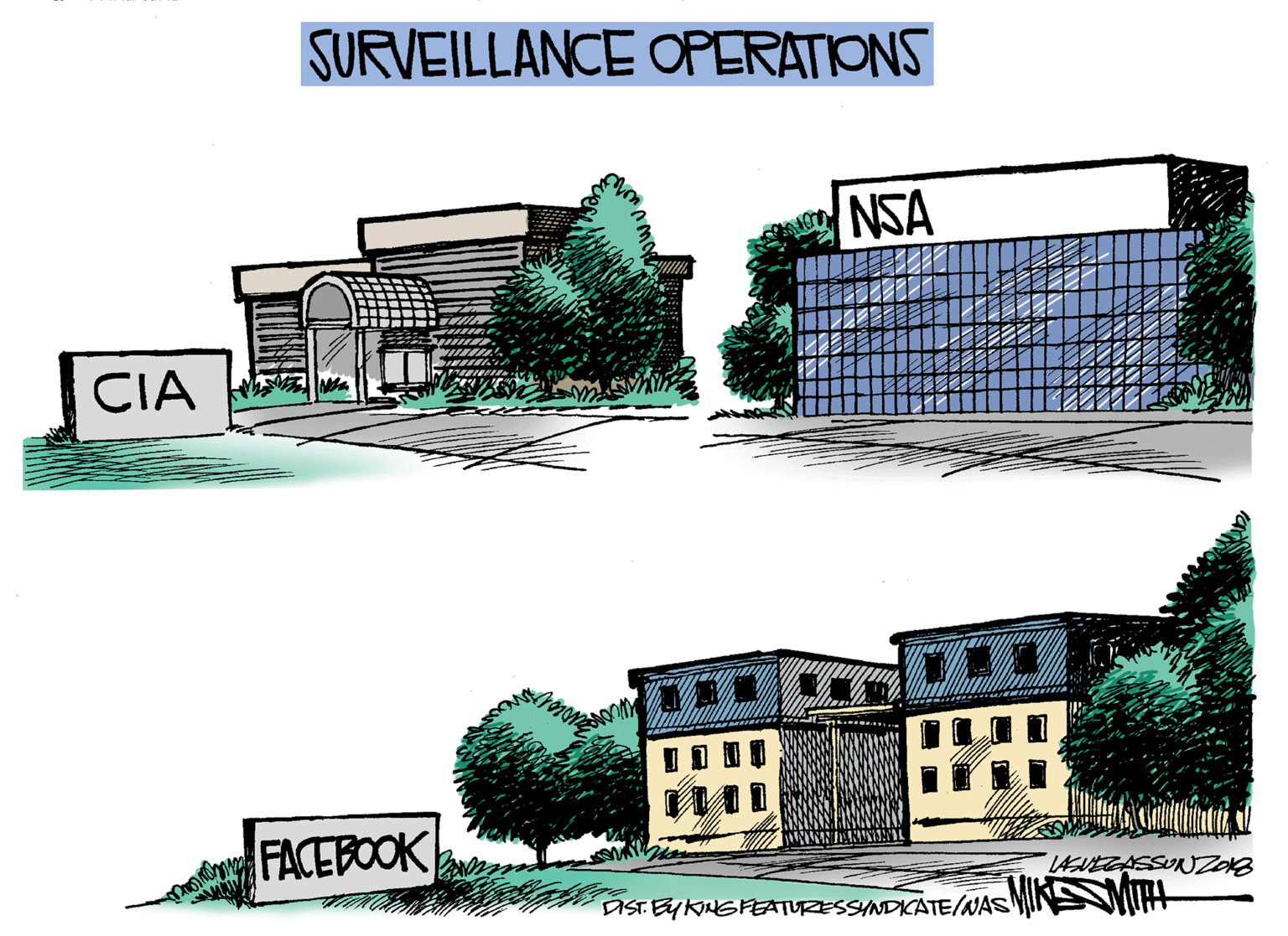 Drawing OCR: SURVEILLANCE OPERATIONS NSA CIA FACEBOOK EGASSUNZOB DIST BYKNGFEATURESSYNDICATE/NASN SURVEILLANCE OPERATIONS NSA CIA FACEBOOK EGASSUNZOB DIST BYKNGFEATURESSYNDICATE/NASN