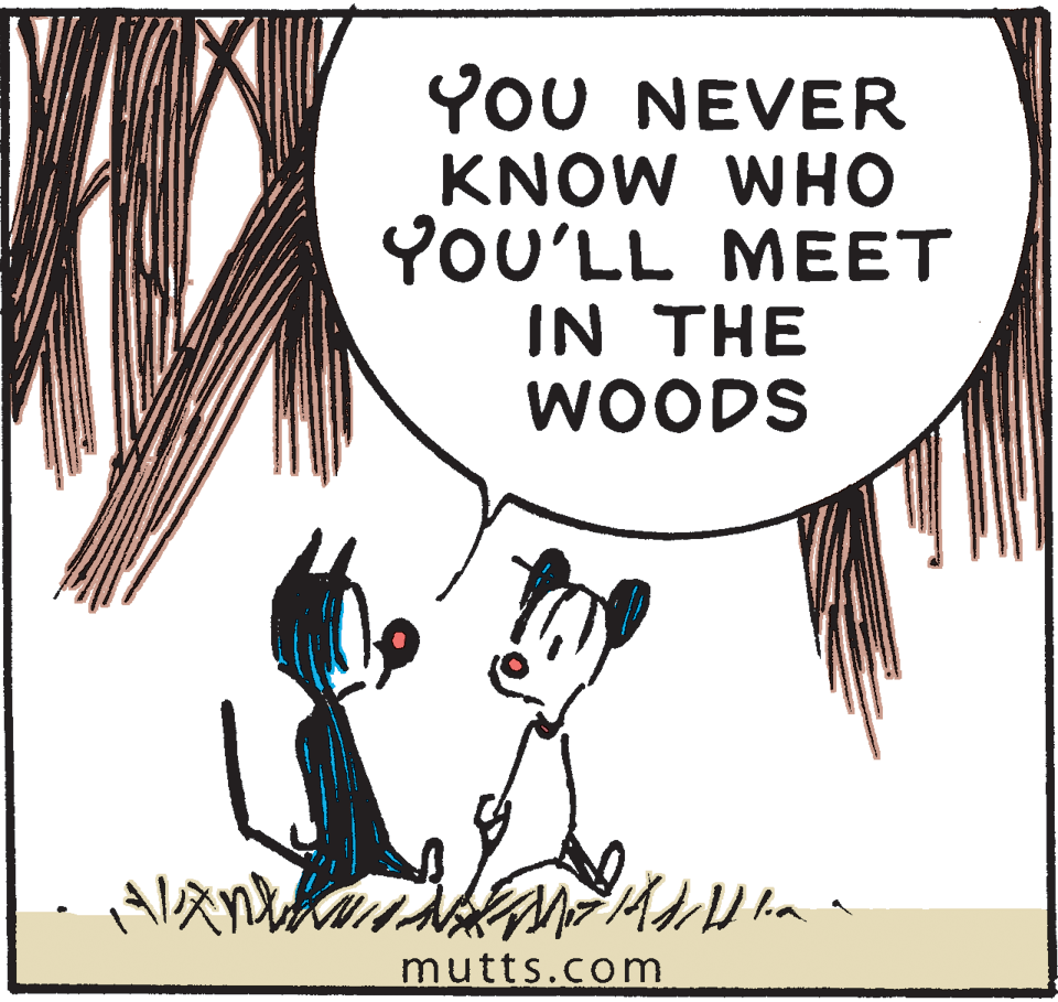 Sharing OCR: YOU NEVER KNOW WHO YOU'LL MEET IN THE WOODS mutts.com YOU NEVER KNOW WHO YOU'LL MEET IN THE WOODS mutts.com