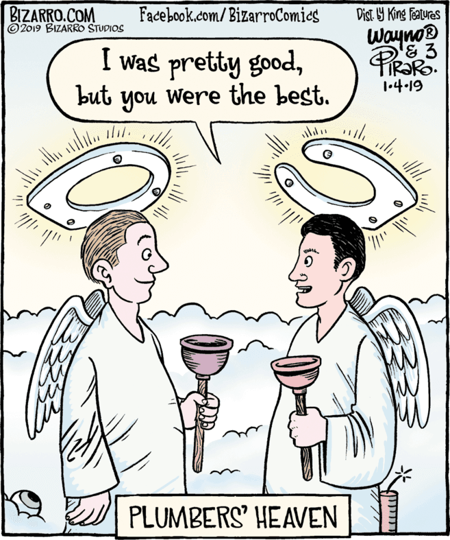 Organism OCR: BIZARRO.COM © 2019 BIZARRO STUDIOS Dist. 9 King Faturas Wayno® Facebook.com/BizarroComies I was pretty goodbut you were the best. TIR?RO. |•4-19 PLUMBERS' HEAVEN ? ) BIZARRO.COM © 2019 BIZARRO STUDIOS Dist. 9 King Faturas Wayno® Facebook.com/BizarroComies I was pretty goodbut you were the best. TIR?RO. |•4-19 PLUMBERS' HEAVEN ? )