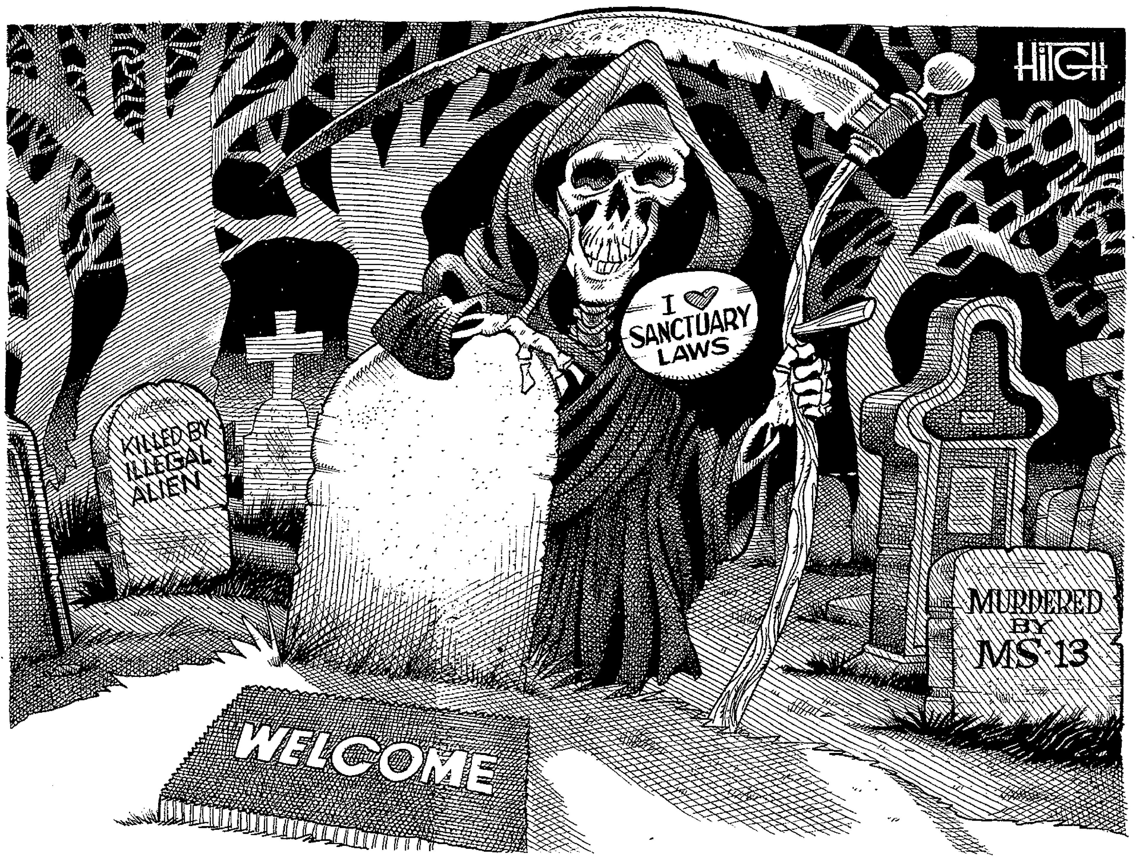 Painting OCR: HIGH SANCTUARY LAWS KILED BY YLLEIGAL ALIEN MURDERED WELCOME MS 13 HIGH SANCTUARY LAWS KILED BY YLLEIGAL ALIEN MURDERED WELCOME MS 13