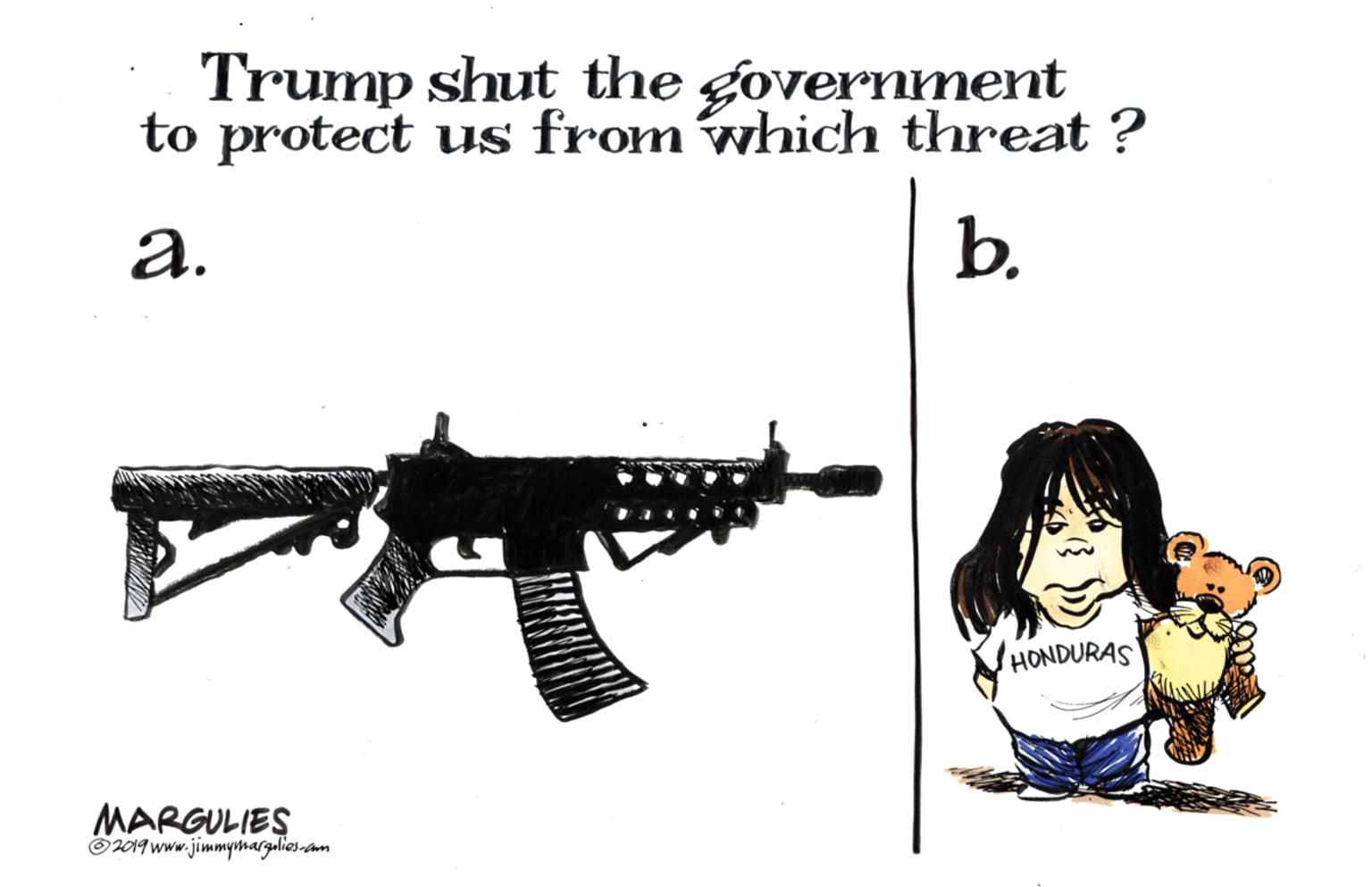 Art OCR: Trump shut the government to protect us fromwhich threat ? ?. b. HONDURAS MARGULIES Ö2019 www.jimmysmargulies-cam Trump shut the government to protect us fromwhich threat ? ?. b. HONDURAS MARGULIES Ö2019 www.jimmysmargulies-cam