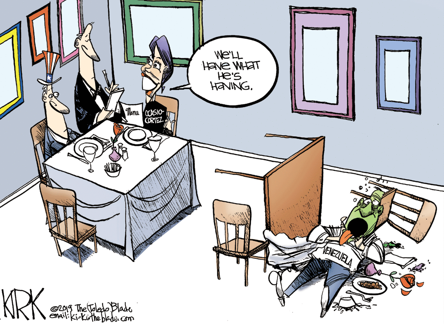 Picture frame OCR: We'LL Have WHAT He's HANINGMenu OCASIO- CORTEZ RENEZUELA KRK. OL01S The Toledo Blade Email:ki-köthe blade com We'LL Have WHAT He's HANINGMenu OCASIO- CORTEZ RENEZUELA KRK. OL01S The Toledo Blade Email:ki-köthe blade com