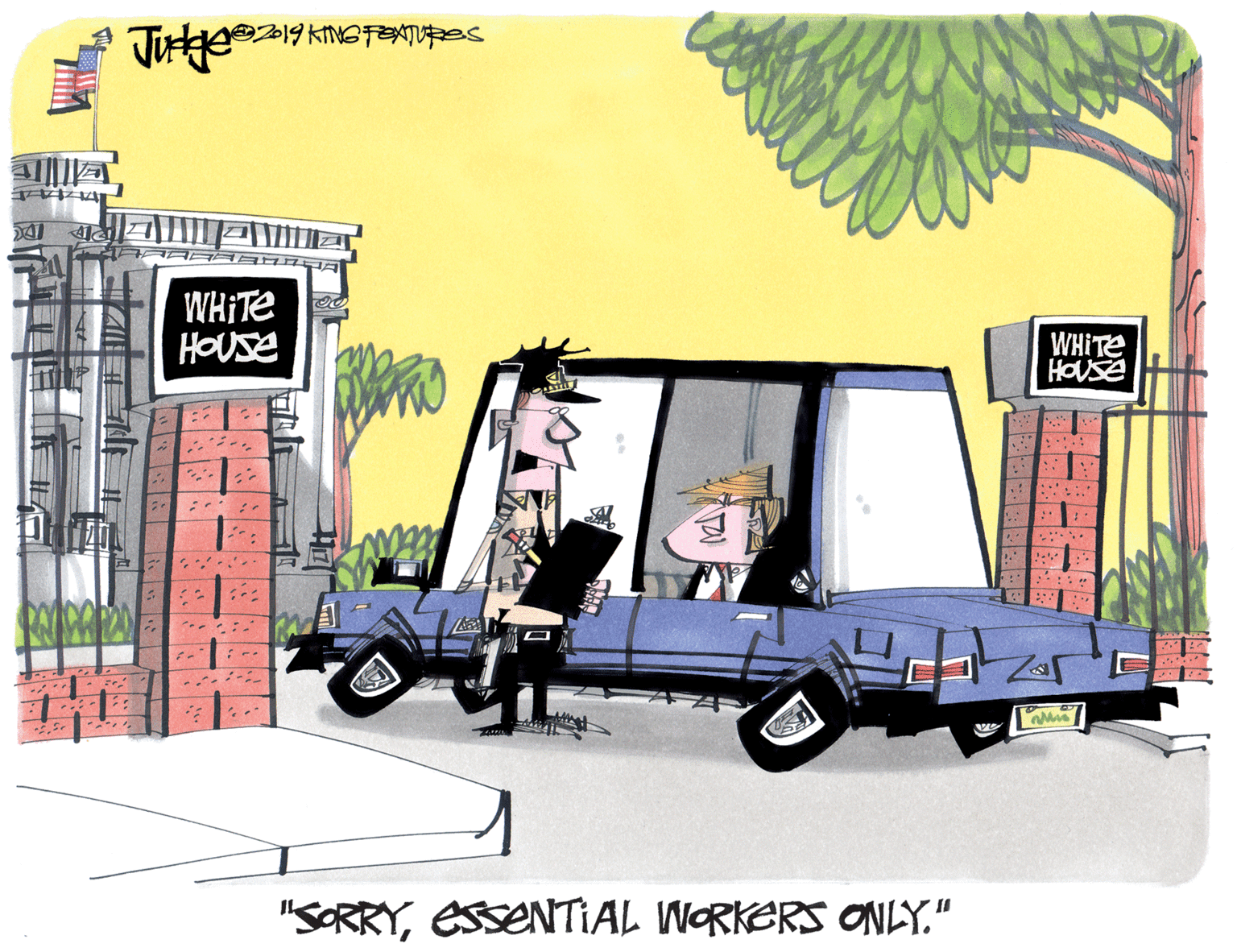 Truck OCR: 19 KING FEATUOS WHITE HOUSE WHITE HOUSE "SORRYESSENTIAL WORKERS ONLY.“ 19 KING FEATUOS WHITE HOUSE WHITE HOUSE "SORRYESSENTIAL WORKERS ONLY.“