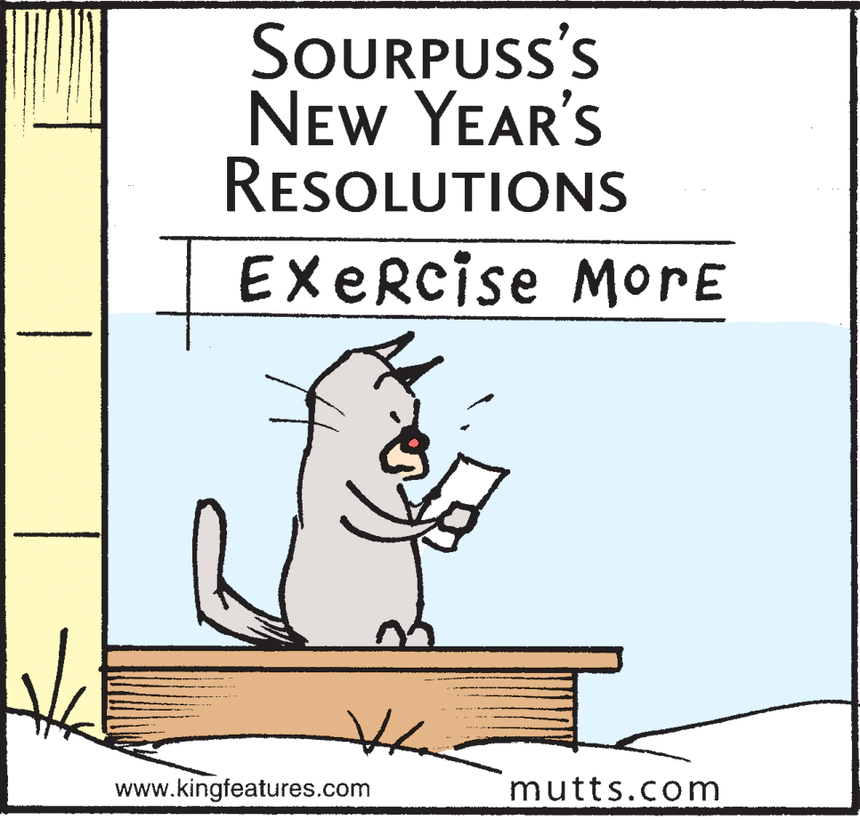 Whiskers OCR: SOURPUSS'S NEw YEAR'S RESOLUTIONS EXERcise MorE www.kingfeatures.com mutts.com SOURPUSS'S NEw YEAR'S RESOLUTIONS EXERcise MorE www.kingfeatures.com mutts.com