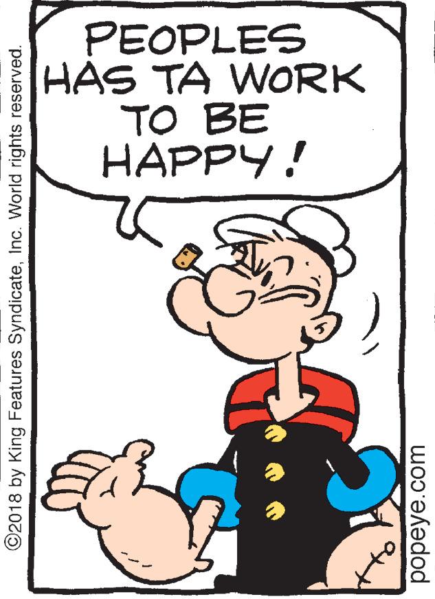 Drawing OCR: PEOPLES HAS TA WORK TO BE HAPPY! ©2018 by King Features SyndicateInc. World rights reserved. popeye.com PEOPLES HAS TA WORK TO BE HAPPY! ©2018 by King Features SyndicateInc. World rights reserved. popeye.com