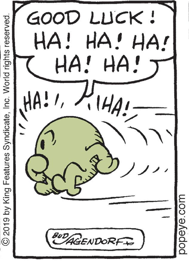 Snout OCR: GOOD LUCK ! HA! HA! HA! HA! HA! HA!IRIHA! BUD AGENDORF © 2019 by King Features SyndicateInc. World rights reserved. popeye.com GOOD LUCK ! HA! HA! HA! HA! HA! HA!IRIHA! BUD AGENDORF © 2019 by King Features SyndicateInc. World rights reserved. popeye.com