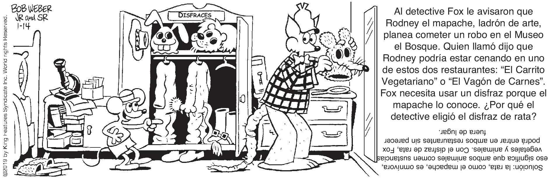 Sleeve OCR: BOB WEBER JR and SR |-14 Al detective Fox le avisaron que Rodney el mapacheplanea cometer un robo en el Museo el Bosque. Quien llamó dijo que Rodney podría estar cenando en uno de estos dos restaurantes: "EI Carrito Vegetariano" o "El Vagón de Carnes". Fox necesita usar un disfraz porque el mapache lo conoce. ¿Por qué el detective eligió el disfraz de rata? DISFRACES fuera de lugar. podrá entrar en ambos restaurantes sin parecer vegetales y animales. Con el disfraz de rataFox eso significa que ambos animales comen sustanciasl Solución: la rataby King Features Syndicate Inc. World rights Reserved BOB WEBER JR and SR |-14 Al detective Fox le avisaron que Rodney el mapacheladrón de arteplanea cometer un robo en el Museo el Bosque. Quien llamó dijo que Rodney podría estar cenando en uno de estos dos restaurantes: "EI Carrito Vegetariano" o "El Vagón de Carnes". Fox necesita usar un disfraz porque el mapache lo conoce. ¿Por qué el detective eligió el disfraz de rata? DISFRACES fuera de lugar. podrá entrar en ambos restaurantes sin parecer vegetales y animales. Con el disfraz de rataFox eso significa que ambos animales comen sustanciasl Solución: la ratacomo el mapachees omnivoraby King Features Syndicate Inc. World rights Reserved