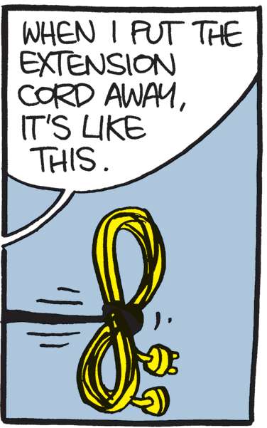 Drawing OCR: WHEN I PUT THE EXTENSION CORD AWAMIT'S UKE THIS. WHEN I PUT THE EXTENSION CORD AWAMIT'S UKE THIS.