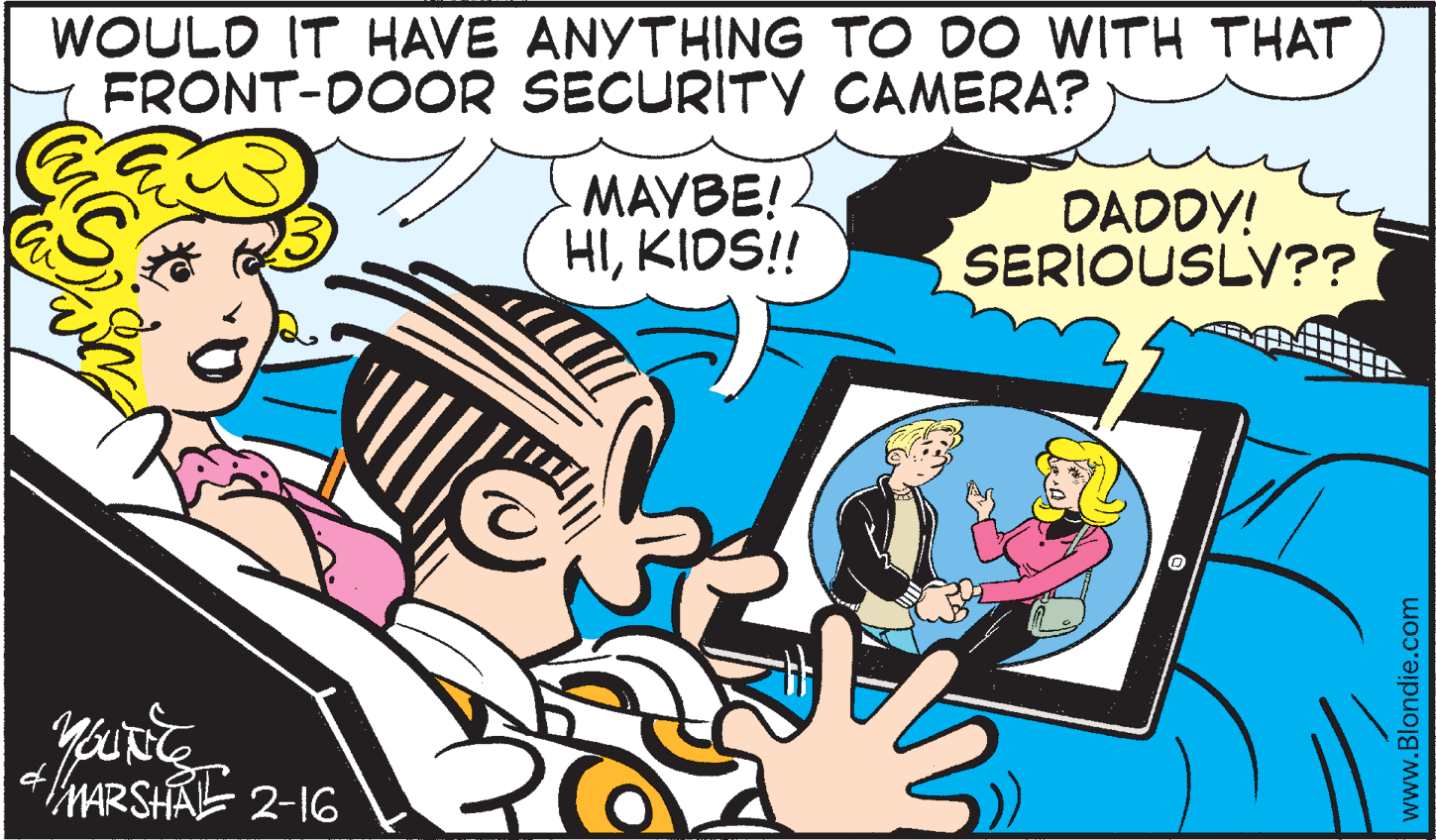 Animated cartoon OCR: WOULD IT HAVE ANYTHING TO DO WITH THAT FRONT-D0OR SECURITY CAMERA? MAYBE! HIKIDS!! DADDY! SERIOUSLY?? 4MARSHAE 2-16 www.Blondie.com WOULD IT HAVE ANYTHING TO DO WITH THAT FRONT-D0OR SECURITY CAMERA? MAYBE! HIKIDS!! DADDY! SERIOUSLY?? 4MARSHAE 2-16 www.Blondie.com