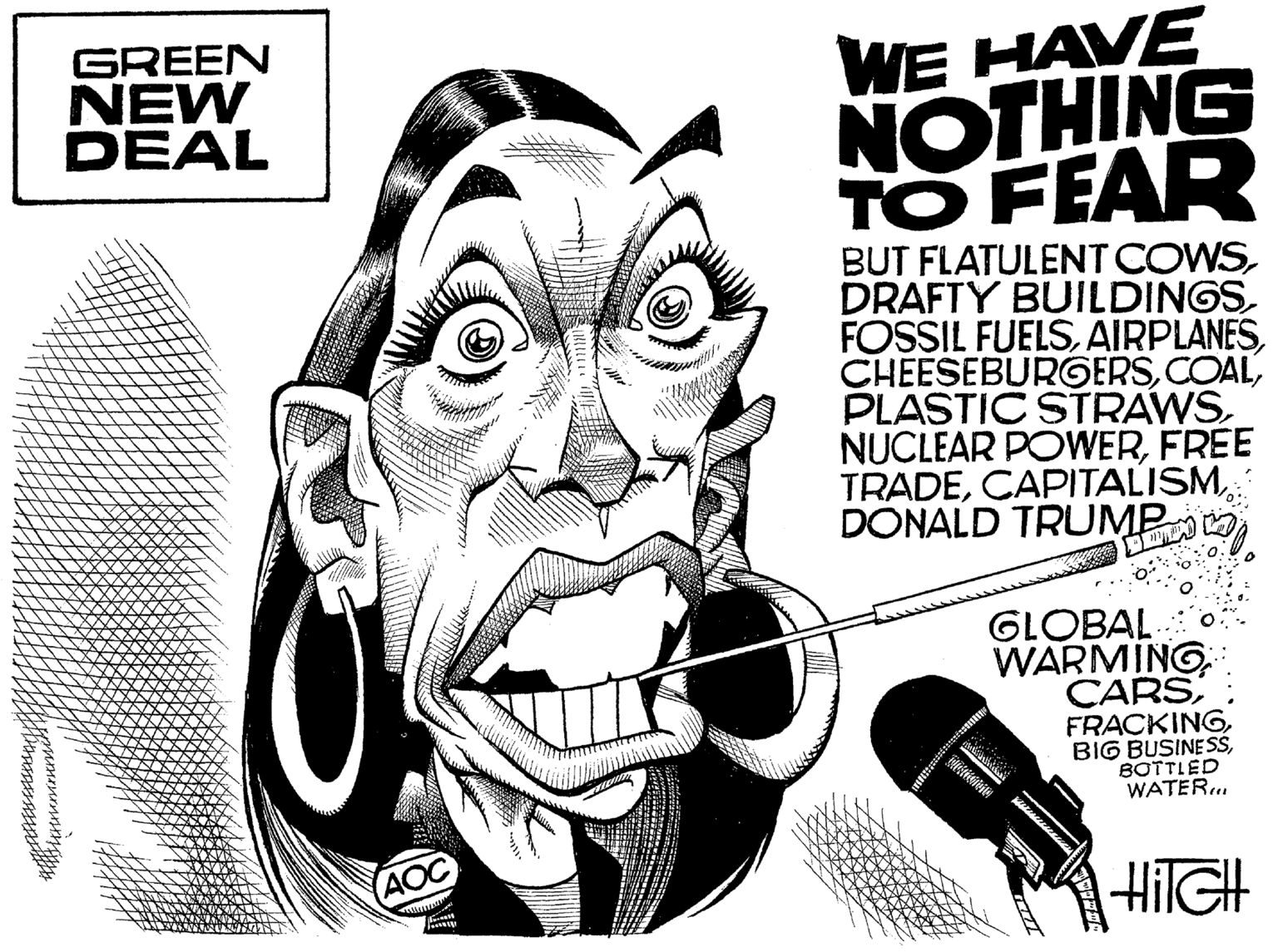 Poster OCR: GREEN NEW DEAL WE HAVE NOTHING TO FEAR BUT FLATULENT COWSDRAFTY BUILDINGS FOSSIL FUELSFREE TRADEDONALD TRUMP GLOBAL WARMING CARSBOTTLED WATER. AOC HilGH GREEN NEW DEAL WE HAVE NOTHING TO FEAR BUT FLATULENT COWSDRAFTY BUILDINGS FOSSIL FUELSPLASTIC STRAWSNUCLEAR POWERFREE TRADEDONALD TRUMP GLOBAL WARMING CARSBIG BUSINESBOTTLED WATER. AOC HilGH