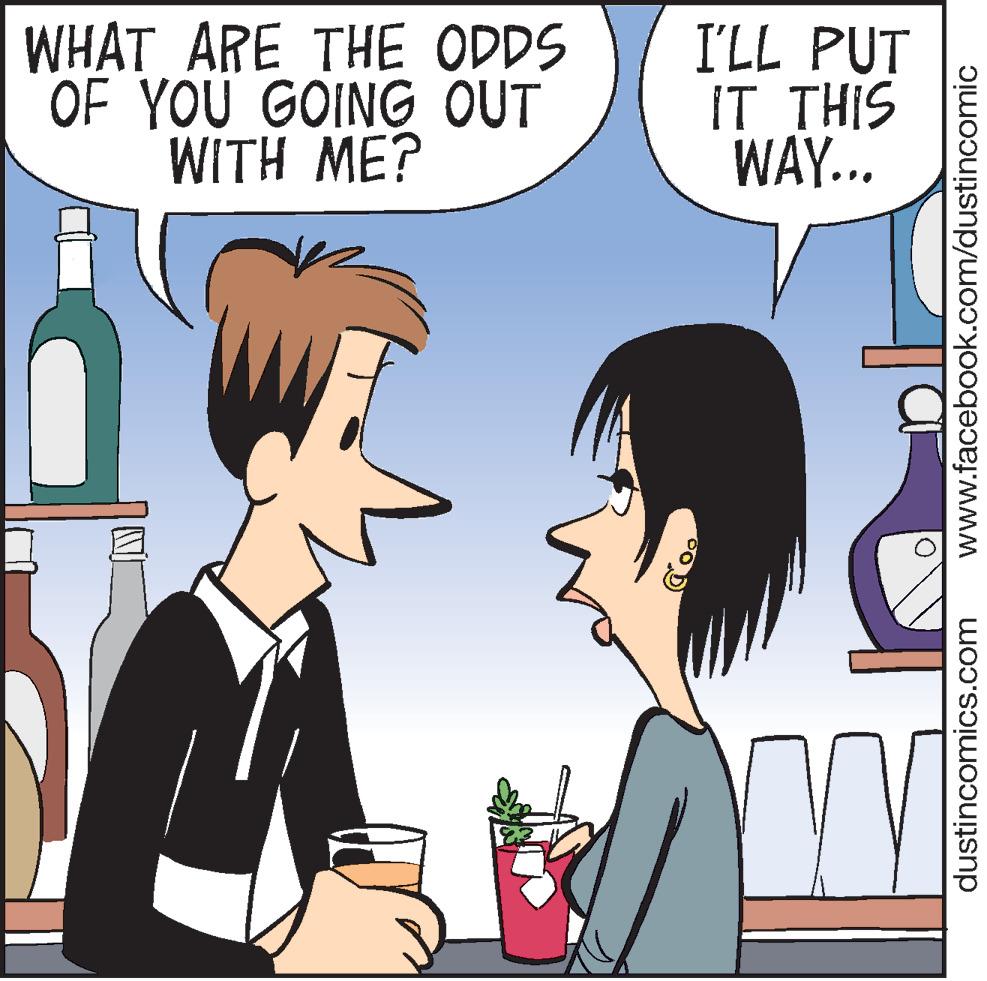 Animated cartoon OCR: WHAT ARE THE ODDS OF YOU GOING OUT WITH ME? I'LL PUT IT THIS WAY... dustincomics.com www.facebook.com/dustincomic WHAT ARE THE ODDS OF YOU GOING OUT WITH ME? I'LL PUT IT THIS WAY... dustincomics.com www.facebook.com/dustincomic