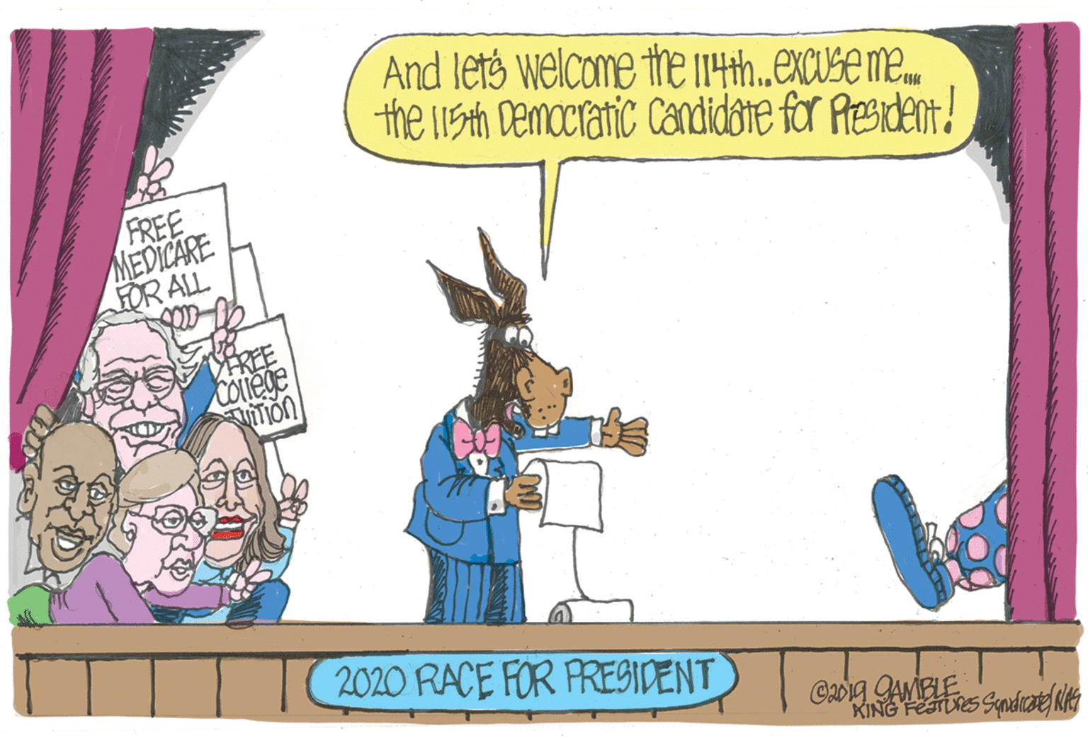 Humour OCR: And lets welcome the 14th..excuse me. the 11sth Democranic Candidate for Pesident! FREE MEDICARE FOR ALL IREE COlege 2020 RACE FOR PRESIDENT KING FETURES And lets welcome the 14th..excuse me. the 11sth Democranic Candidate for Pesident! FREE MEDICARE FOR ALL IREE COlege 2020 RACE FOR PRESIDENT KING FETURES