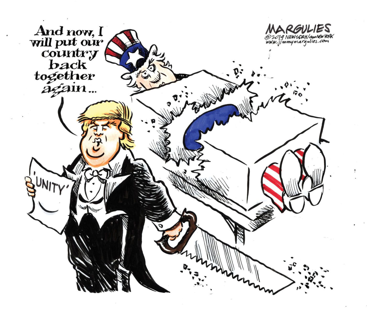 Line art OCR: MARGULIES O019 NEWSDAY/amNEw YOAK www.jimmymarjulies.com And nowI will put our ?ountry back together ágain. UNITY' MARGULIES O019 NEWSDAY/amNEw YOAK www.jimmymarjulies.com And nowI will put our ?ountry back together ágain. UNITY'