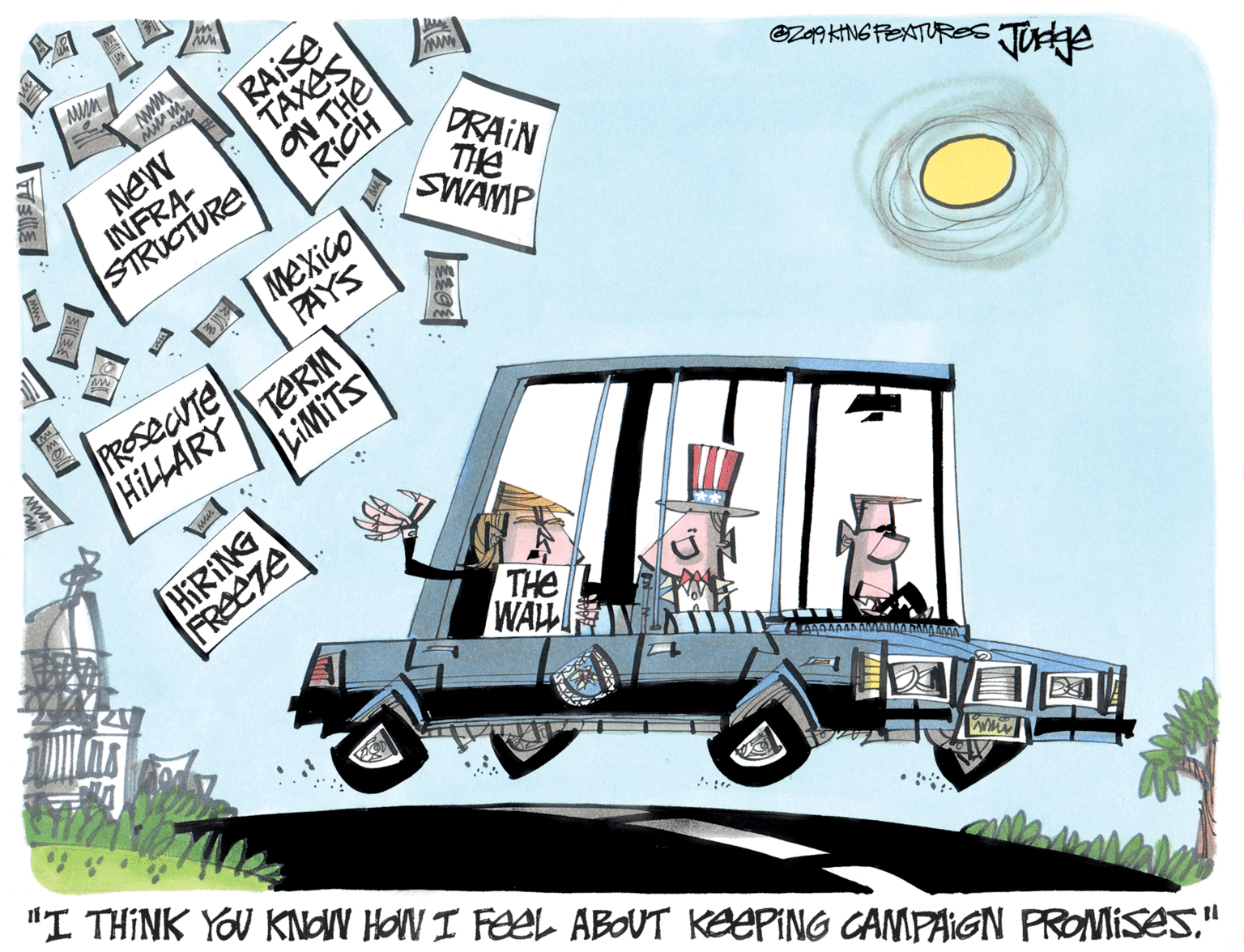Painting OCR: NEW INFRA- STRUCTURE RAISE TAXES ON THE RICH DRAIN A Mexico PAYS THE SWAMP HILLARY TERM LIMITS PRSseate HIRING FREETE THe WALL "I THINK YOU KNON HON I FEEL ABOUT KEEPING CAMPAIGN PROMISES." Www NEW INFRA- STRUCTURE RAISE TAXES ON THE RICH DRAIN A Mexico PAYS THE SWAMP HILLARY TERM LIMITS PRSseate HIRING FREETE THe WALL "I THINK YOU KNON HON I FEEL ABOUT KEEPING CAMPAIGN PROMISES." Www