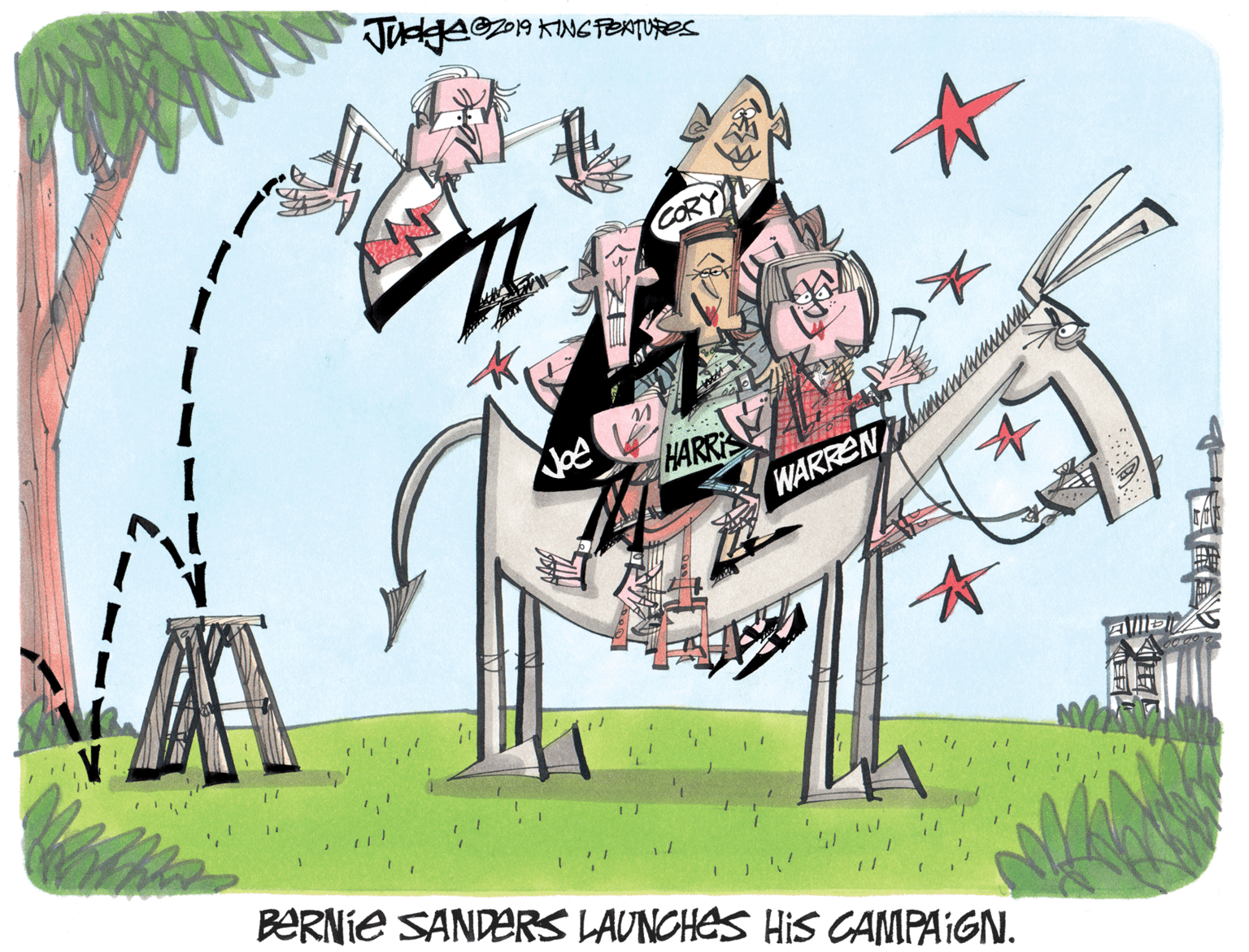 Drawing OCR: JOgAOA KNG FEXTURES CORY HARRI WARREN BERNIE SANDERS LAUNCHES HIS CAMPAIGN. JOgAOA KNG FEXTURES CORY HARRI WARREN BERNIE SANDERS LAUNCHES HIS CAMPAIGN.
