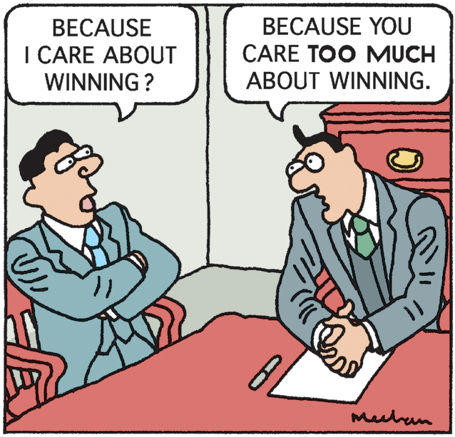 Cartoon OCR: BECAUSE BECAUSE YOU I CARE ABOUT CARE TOO MUCH WINNING ? ABOUT WINNING. Mechen BECAUSE BECAUSE YOU I CARE ABOUT CARE TOO MUCH WINNING ? ABOUT WINNING. Mechen