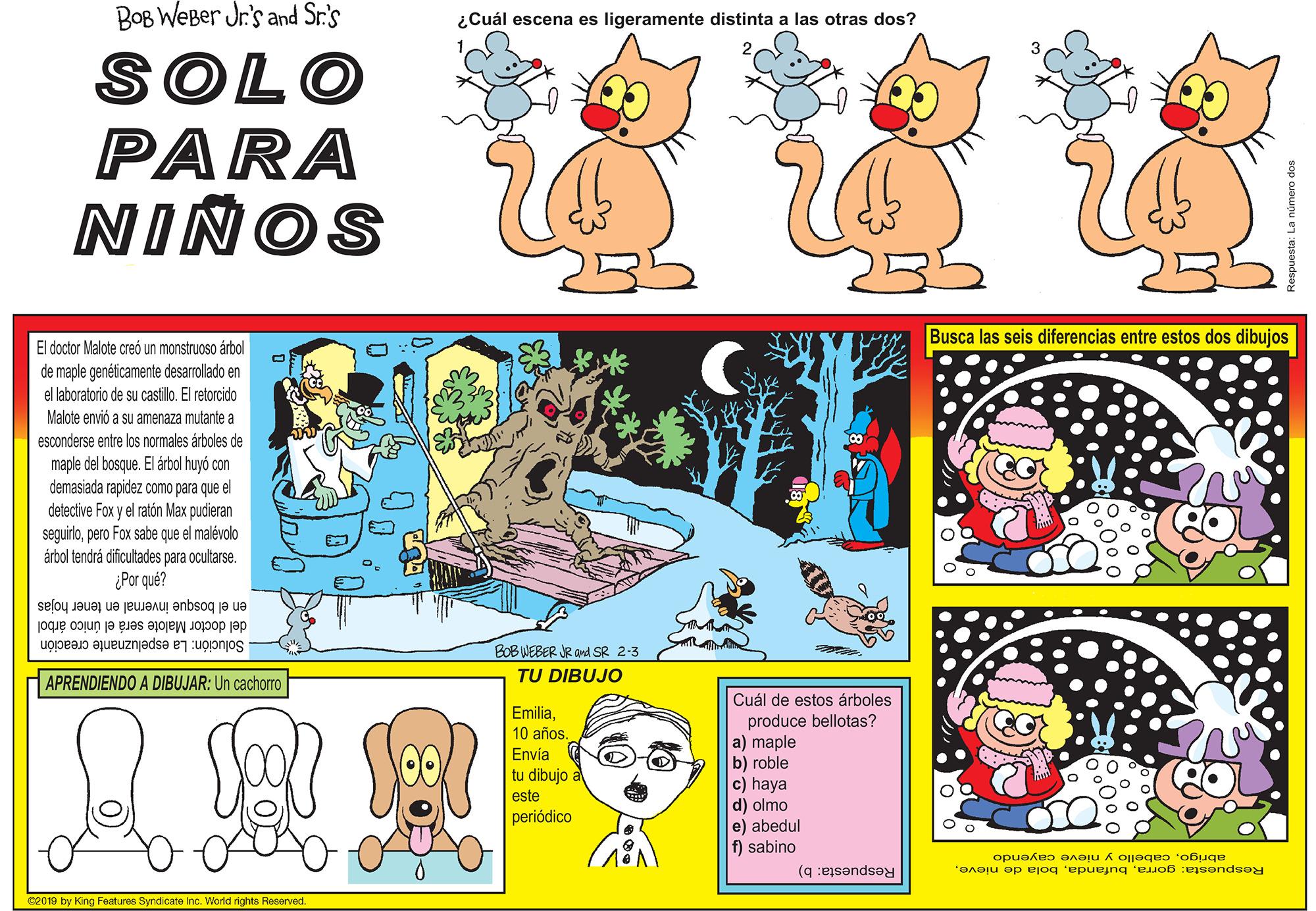 Font OCR: BOB WEBer Jr's and Sr.'s ¿Cuál escena es ligeramente distinta a las otras dos? SOLO PARA NINOS Busca las seis diferencias entre estos dos dibujos El doctor Malote creó un monstruoso árbol de maple genéticamente desarrollado en el laboratorio de su castillo. El retorcido Malote envió a su amenaza mutante a esconderse entre los normales árboles de maple del bosque. El árbol huyó con demasiada rapidez como para que el detective Fox y el ratón Max pudieran seguirlopero Fox sabe que el malévolo árbol tendrá dificultades para ocultarse. ¿Por qué? en el bosque invernal en tener hojas del doctor Malote será el único árbol BOB WEBER JR and SR 2-3 Solución: La espeluznante creación TU DIBUJO APRENDIENDO A DIBUJAR: Un cachorro Cuál de estos árboles produce bellotas? a) maple b) roble c) haya d) olmo e) abedul f) sabino Emilia10 años. Envia O tu dibujo este periódico abrigocabello y nieve cayendo Respuesta: gorraRespuesta: b) C2019 by King Features Syndicate Ine. Workd rights Resorved. BOB WEBer Jr's and Sr.'s ¿Cuál escena es ligeramente distinta a las otras dos? SOLO PARA NINOS Busca las seis diferencias entre estos dos dibujos El doctor Malote creó un monstruoso árbol de maple genéticamente desarrollado en el laboratorio de su castillo. El retorcido Malote envió a su amenaza mutante a esconderse entre los normales árboles de maple del bosque. El árbol huyó con demasiada rapidez como para que el detective Fox y el ratón Max pudieran seguirlopero Fox sabe que el malévolo árbol tendrá dificultades para ocultarse. ¿Por qué? en el bosque invernal en tener hojas del doctor Malote será el único árbol BOB WEBER JR and SR 2-3 Solución: La espeluznante creación TU DIBUJO APRENDIENDO A DIBUJAR: Un cachorro Cuál de estos árboles produce bellotas? a) maple b) roble c) haya d) olmo e) abedul f) sabino Emilia10 años. Envia O tu dibujo este periódico abrigocabello y nieve cayendo Respuesta: gorrabola de nieveRespuesta: b) C2019 by King Features Syndicate Ine. Workd rights Resorved.