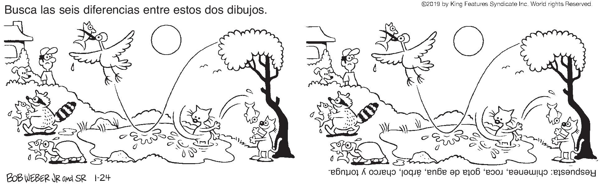 Happy OCR: C2019 by King Features Syndicate Inc. World rights Reserved. Busca las seis diferencias entre estos dos dibujos. Respuesta: chimeneacharco y tortuga. BOB WEBER JR Ond SR 1-24 C2019 by King Features Syndicate Inc. World rights Reserved. Busca las seis diferencias entre estos dos dibujos. Respuesta: chimeneagota de aguacharco y tortuga. BOB WEBER JR Ond SR 1-24