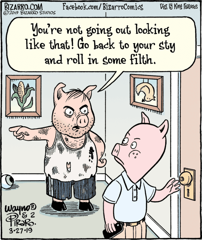 Animation OCR: BIZARRO.COM © 2019 BIZARRO STUDIOS Facebook.com/BizarroComies Dist Y King Fatures You're not going out looking like that! Go back to your sty and roll in some filth. Wayno® TIR?Ro. 3.27.19 BIZARRO.COM © 2019 BIZARRO STUDIOS Facebook.com/BizarroComies Dist Y King Fatures You're not going out looking like that! Go back to your sty and roll in some filth. Wayno® TIR?Ro. 3.27.19