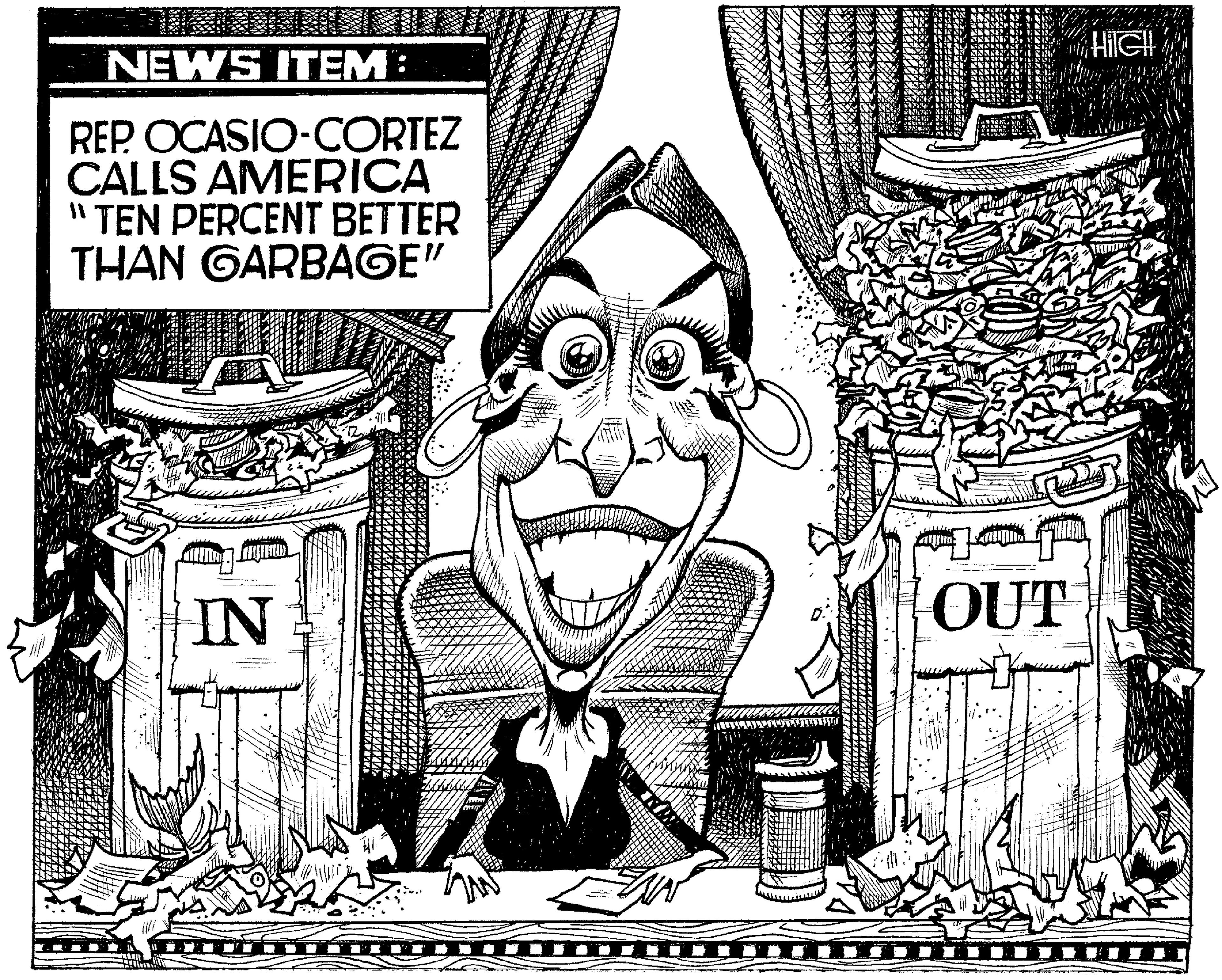Illustration OCR: NEWS ITEM: REP OCASIO-CORTEZ CALLS AMERICA " TEN PERCENT BETTER THAN GARBAGE" IN OUT D ? NEWS ITEM: REP OCASIO-CORTEZ CALLS AMERICA " TEN PERCENT BETTER THAN GARBAGE" IN OUT D ?