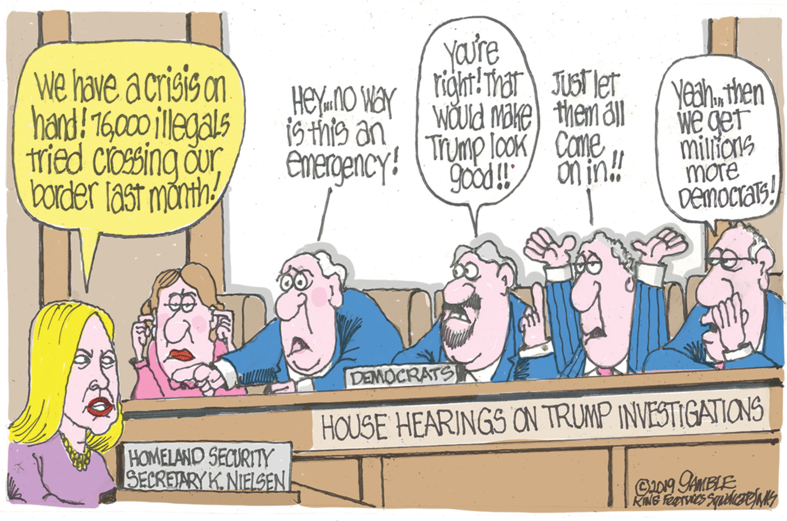 Comics OCR: We have a crisis on h?nd! 1600 illegals tried ciossing ourborder last månth yau're righnt Thar JUST let wÄUld nake) them al Trump look/ Come good!/ n in! Yeahthen we get milions more Democras! Heyano var is this an ÉDErgency! DEMOCRATS HOUSE HEARINGS ON TRUMP INVESTIGATIONS HOMELAND SECURITY SECRETARY K.NIELSEN We have a crisis on h?nd! 1600 illegals tried ciossing ourborder last månth yau're righnt Thar JUST let wÄUld nake) them al Trump look/ Come good!/ n in! Yeahthen we get milions more Democras! Heyano var is this an ÉDErgency! DEMOCRATS HOUSE HEARINGS ON TRUMP INVESTIGATIONS HOMELAND SECURITY SECRETARY K.NIELSEN