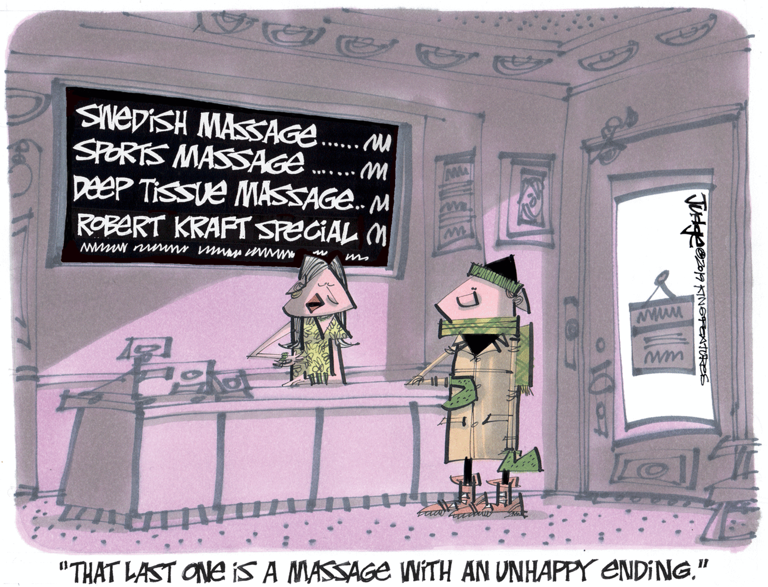 Column OCR: SNEDISH MASAGE. SPORTS MASSAGE DeeP TisSue MASSAGE. M ROBERT KRAFT SPECIAL M "THAT LAST ONe iS A MASSAGE WITH AN UNHAPPY ENDING" SNEDISH MASAGE. SPORTS MASSAGE DeeP TisSue MASSAGE. M ROBERT KRAFT SPECIAL M "THAT LAST ONe iS A MASSAGE WITH AN UNHAPPY ENDING
