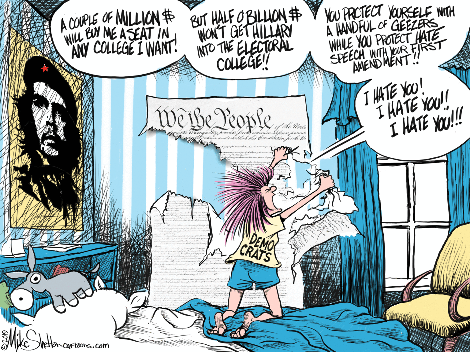 Drawing OCR: A COUPLE OF MILLION # BUT HALF OBILUON # V W PRCTECT YOURELF WITH A HANDFUL OF GEEZERS WHILE YOU PROTECT HATE SPEECH WITH KUR FRST AMENDMENT! ANY COLLEGE I WANT! WON'T GET HILLARI NTO THE ELECTORAL WILL EDY ME ASEAT COLUEGE! I HATE YOU! I HATE YOU! I HATE YOU! Peihe People f'the Una DEMO CRATS Metoncartoons.com A COUPLE OF MILLION # BUT HALF OBILUON # V W PRCTECT YOURELF WITH A HANDFUL OF GEEZERS WHILE YOU PROTECT HATE SPEECH WITH KUR FRST AMENDMENT! ANY COLLEGE I WANT! WON'T GET HILLARI NTO THE ELECTORAL WILL EDY ME ASEAT COLUEGE! I HATE YOU! I HATE YOU! I HATE YOU! Peihe People f'the Una DEMO CRATS Metoncartoons.com