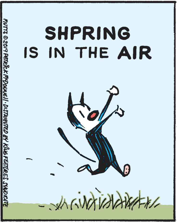 Fictional character OCR: SHPRING IS IN THE AIR MUTTS O2019 PATecKMDOuNEl DISTRIBUTED BY KNS FEATURES SADCATE SHPRING IS IN THE AIR MUTTS O2019 PATecKMDOuNEl DISTRIBUTED BY KNS FEATURES SADCATE