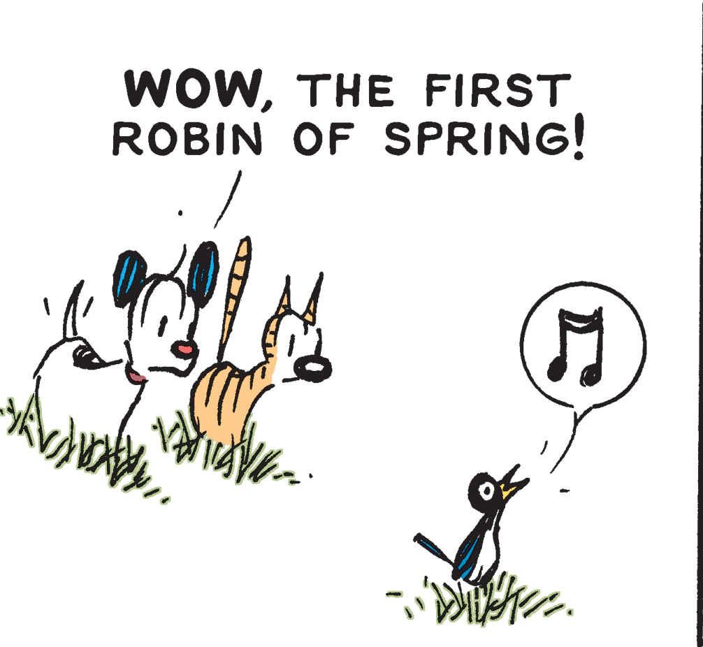 Drawing OCR: WOWTHE FIRST ROBIN OF SPRING! WOWTHE FIRST ROBIN OF SPRING!