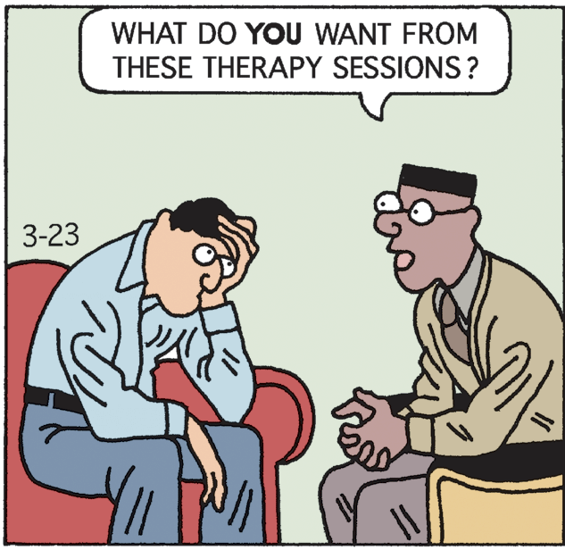 Fictional character OCR: WHAT DO YOU WANT FROM THESE THERAPY SESSIONS ? 3-23 WHAT DO YOU WANT FROM THESE THERAPY SESSIONS ? 3-23