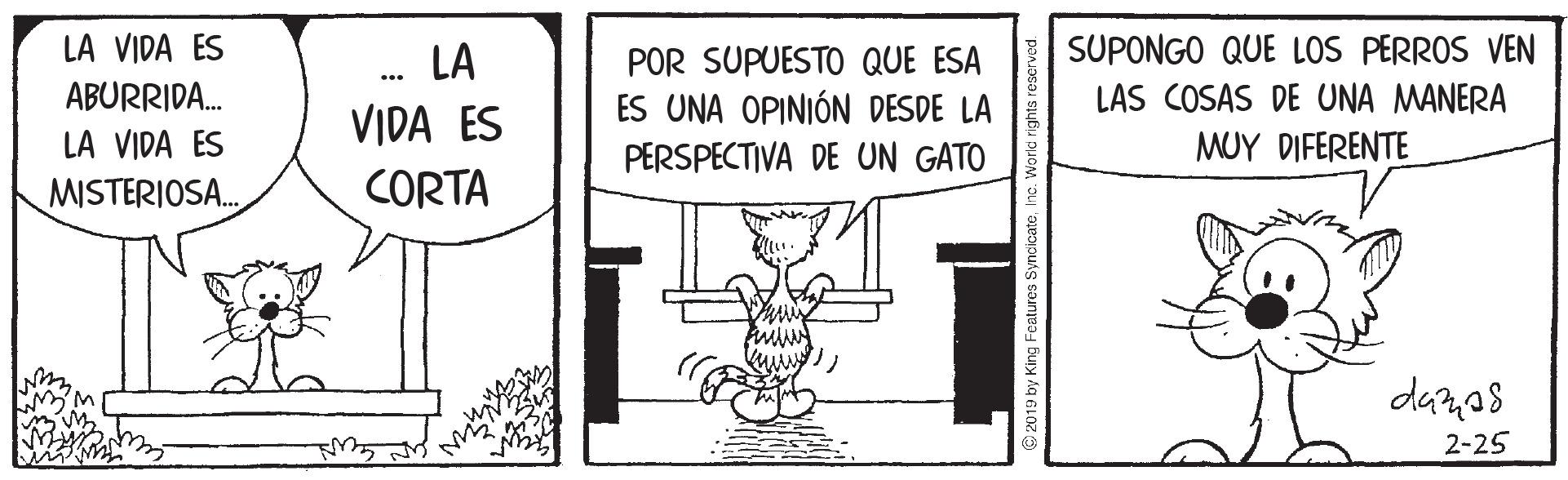 Handwriting OCR: LA VIDA ES LA SUPONGO QUE LOS PERROS VEN POR SUPUESTO QUE ESA ES UNA OPINIÓN DESDE LA PERSPECTIVA DE UN GATO ... ABURRIDA. LAS COSAS DE UNA MANERA VIDA ES LA VIDA ES MISTERIOSA. MUY DIFERENTE CORTA danos 2-25 © 2019 by King Fecatures SyncicateI LA VIDA ES LA SUPONGO QUE LOS PERROS VEN POR SUPUESTO QUE ESA ES UNA OPINIÓN DESDE LA PERSPECTIVA DE UN GATO ... ABURRIDA. LAS COSAS DE UNA MANERA VIDA ES LA VIDA ES MISTERIOSA. MUY DIFERENTE CORTA danos 2-25 © 2019 by King Fecatures Syncicate