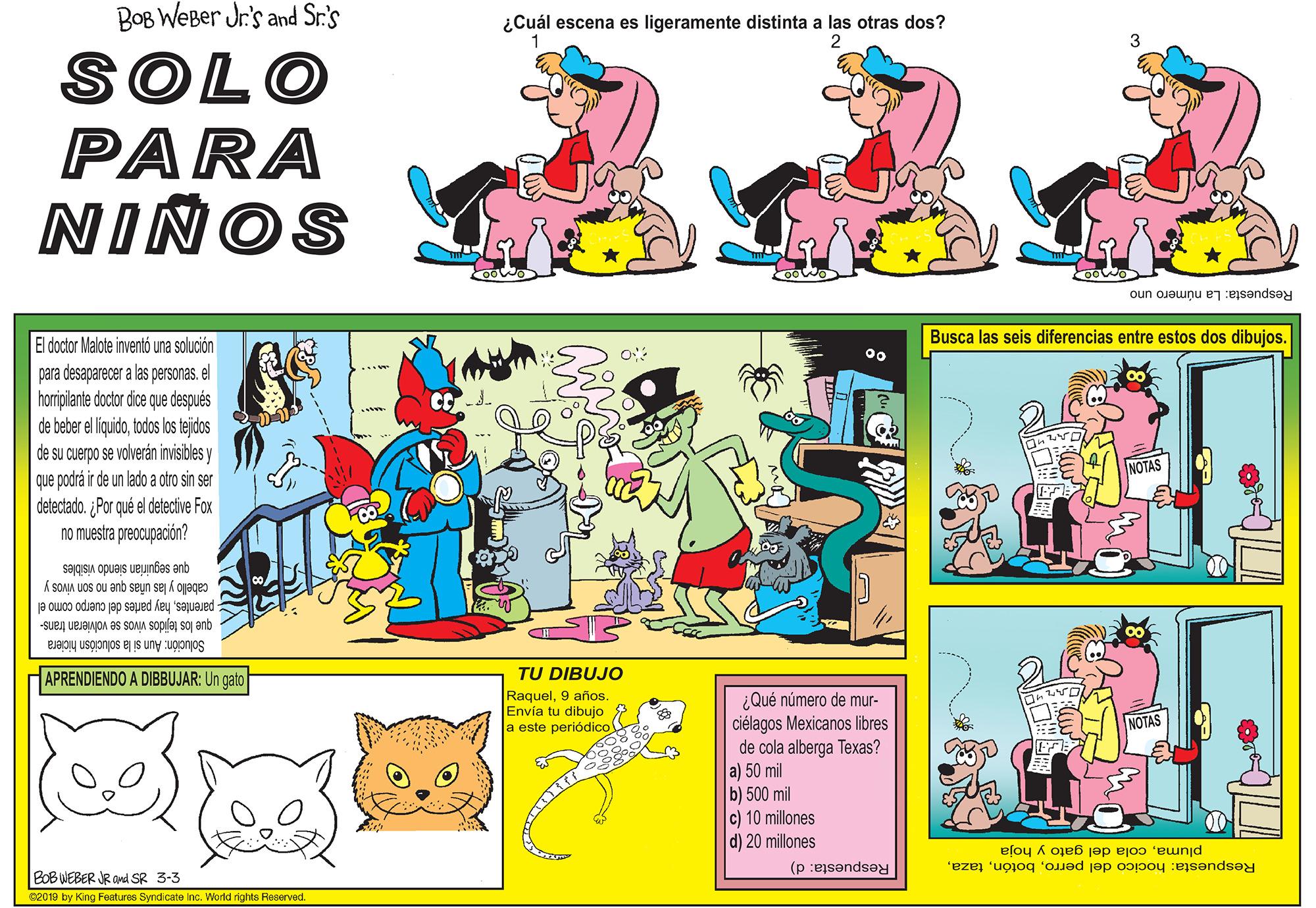 Rectangle OCR: BOB WEBer Jr.'s and Sr's ¿Cuál escena es ligeramente distinta a las otras dos? 2 SOLO PARA NIÑOS Respuesta: La número uno Busca las seis diferencias entre estos dos dibujos. El doctor Malote inventó una solución para desaparecer a las personas. el horripilante doctor dice que después de beber el liquidotodos los tejidos de su cuerpo se volverán invisibles y que podrá ir de un lado a otro sin ser detectado. ¿Por qué el detective Fox no muestra preocupación? NOTAS que seguirían siendo visibles cabello y las uñas que no son vivos y - parenteshay partes del cuerpo como el que los tejidos vivos se volvieran trans- Solución: Aun si la soluciósn hiciera APRENDIENDO A DIBBUJAR: Un gato TU DIBUJO Raquel9 años. Envía tu dibujo a este periódico ¿Qué número de mur- ciélagos Mexicanos libres de cola alberga Texas? a) 50 mil b) 500 mil c) 10 millones d) 20 millones NOTAS Respuesta: hocico del perrocola del gato y hoja BOBWEBER JR Od SR 3-3 Respuesta: d) 2019 by King Features Syndicate Inc. World rnghts Reserved BOB WEBer Jr.'s and Sr's ¿Cuál escena es ligeramente distinta a las otras dos? 2 SOLO PARA NIÑOS Respuesta: La número uno Busca las seis diferencias entre estos dos dibujos. El doctor Malote inventó una solución para desaparecer a las personas. el horripilante doctor dice que después de beber el liquidotodos los tejidos de su cuerpo se volverán invisibles y que podrá ir de un lado a otro sin ser detectado. ¿Por qué el detective Fox no muestra preocupación? NOTAS que seguirían siendo visibles cabello y las uñas que no son vivos y - parenteshay partes del cuerpo como el que los tejidos vivos se volvieran trans- Solución: Aun si la soluciósn hiciera APRENDIENDO A DIBBUJAR: Un gato TU DIBUJO Raquel9 años. Envía tu dibujo a este periódico ¿Qué número de mur- ciélagos Mexicanos libres de cola alberga Texas? a) 50 mil b) 500 mil c) 10 millones d) 20 millones NOTAS Respuesta: hocico del perrocola del gato y hoja BOBWEBER JR Od SR 3-3 Respuesta: d) 2019 by King Features Syndicate Inc. World rnghts Reserved