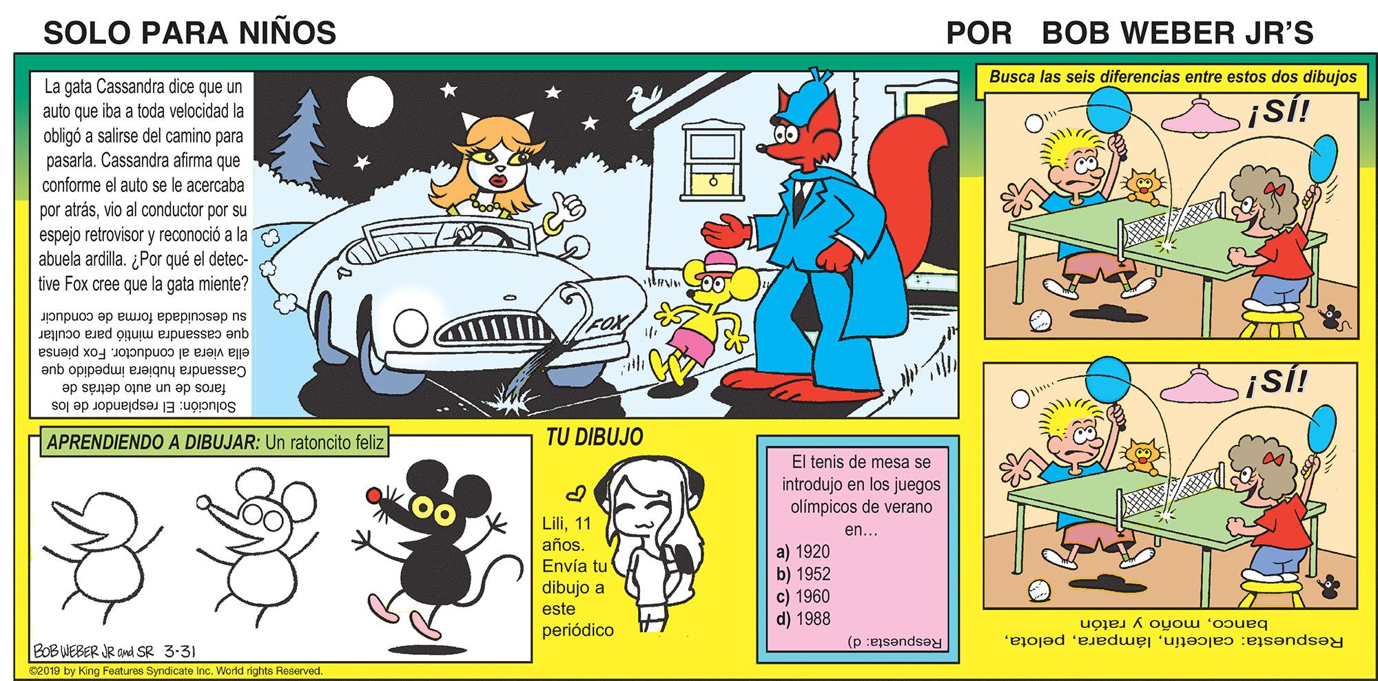 Line OCR: SOLO PARA NIÑOS POR BOB WEBER JR'S Busca las seis diferencias entre estos dos dibujos La gata Cassandra dice que un auto que iba a toda velocidad la obligó a salirse del camino para pasarla. Cassandra afirma que conforme el auto se le acercaba por atrásvio al conductor por su espejo retrovisor y reconoció a la abuela ardilla. ¿Por qué el detec- tive Fox cree que la gata miente? 00 que cassandra mintió para ocultar su descuidada forma de conducir ella viera al conductor. Fox piensa Cassandra hubiera impedido que faros de un auto detrás de Solución: El resplandor de los APRENDIENDO A DIBUJAR: Un ratoncito feliz TU DIBUJO El tenis de mesa se introdujo en los juegos olímpicos de verano Lili11 año. Envía tu en... a) 1920 b) 1952 c) 1960 d) 1988 dibujo a este bancomoñño y ratón Respuesta: calcetínperiódico BOB WEBER JR and SR 3-31 Respuesta: d) ce019 by King Features Syndicate Inc. World rights Reserved DE SOLO PARA NIÑOS POR BOB WEBER JR'S Busca las seis diferencias entre estos dos dibujos La gata Cassandra dice que un auto que iba a toda velocidad la obligó a salirse del camino para pasarla. Cassandra afirma que conforme el auto se le acercaba por atrásvio al conductor por su espejo retrovisor y reconoció a la abuela ardilla. ¿Por qué el detec- tive Fox cree que la gata miente? 00 que cassandra mintió para ocultar su descuidada forma de conducir ella viera al conductor. Fox piensa Cassandra hubiera impedido que faros de un auto detrás de Solución: El resplandor de los APRENDIENDO A DIBUJAR: Un ratoncito feliz TU DIBUJO El tenis de mesa se introdujo en los juegos olímpicos de verano Lili11 año. Envía tu en... a) 1920 b) 1952 c) 1960 d) 1988 dibujo a este bancomoñño y ratón Respuesta: calcetínperiódico BOB WEBER JR and SR 3-31 Respuesta: d) ce019 by King Features Syndicate Inc. World rights Reserved DE