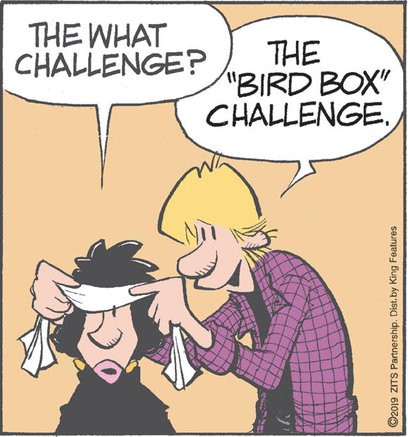 Finger OCR: THE WHAT CHALLENGE? THE "BIRD BOX" CHALLENGE. ©2019 ZITS Partnership. Dist. by King Features THE WHAT CHALLENGE? THE "BIRD BOX" CHALLENGE. ©2019 ZITS Partnership. Dist. by King Features