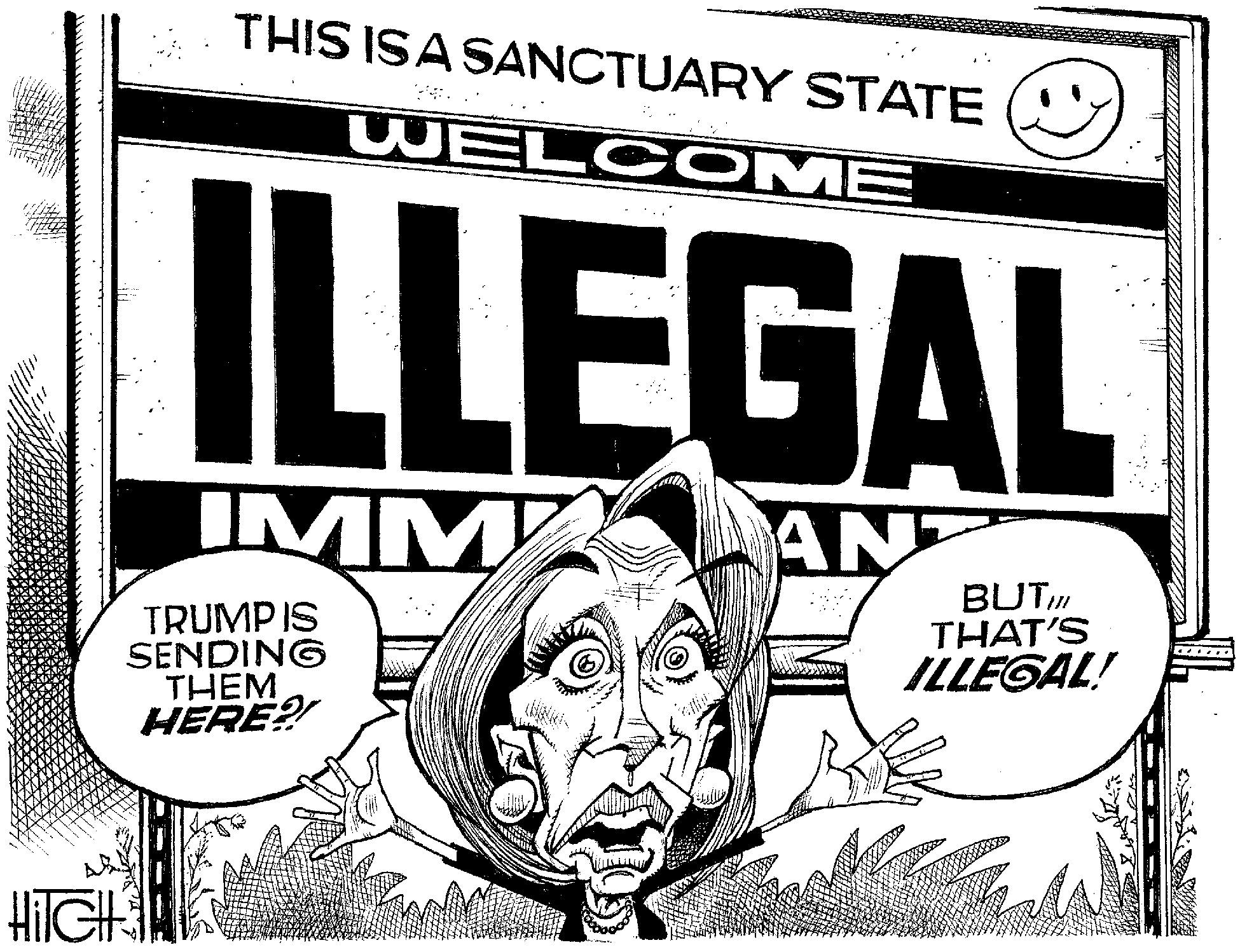 Rectangle OCR: THIS ISA SANCTUARY STATE WELC OME ILLEGAL IMM AN TRUMP IS SENDING THEM HERE? BUT THAT'S ILLEGAL! . HilGHS THIS ISA SANCTUARY STATE WELC OME ILLEGAL IMM AN TRUMP IS SENDING THEM HERE? BUT THAT'S ILLEGAL! . HilGHS