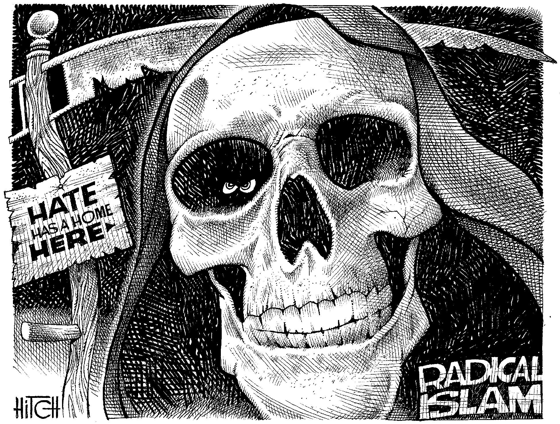 Personal protective equipment OCR: HATE HAS A HOME HERE RADICAL ISLAM HATE HAS A HOME HERE RADICAL ISLAM