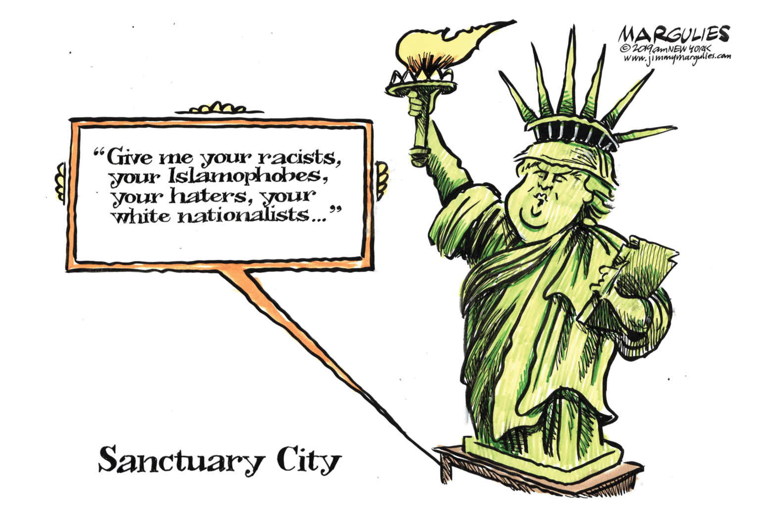 Thumb OCR: MARGULIES www.jimmymargidies.com "Give me your racistsyour white nationalists.." 66 99 Sanctuary City MARGULIES www.jimmymargidies.com "Give me your racistsyour Islamophobesyour hatersyour white nationalists.." 66 99 Sanctuary City