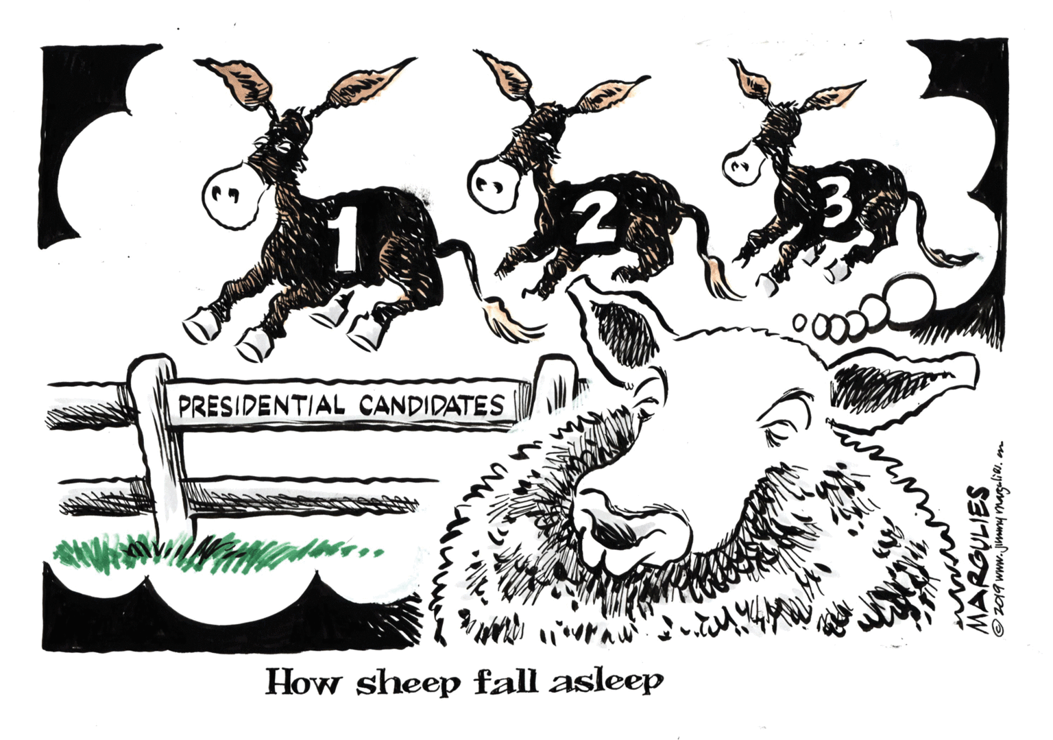 Artwork OCR: PRESIDENTIAL CANDIDATES How sheep fall asleep MARGULIES © 2019 www.jmmy marguliae. PRESIDENTIAL CANDIDATES How sheep fall asleep MARGULIES © 2019 www.jmmy marguliae.