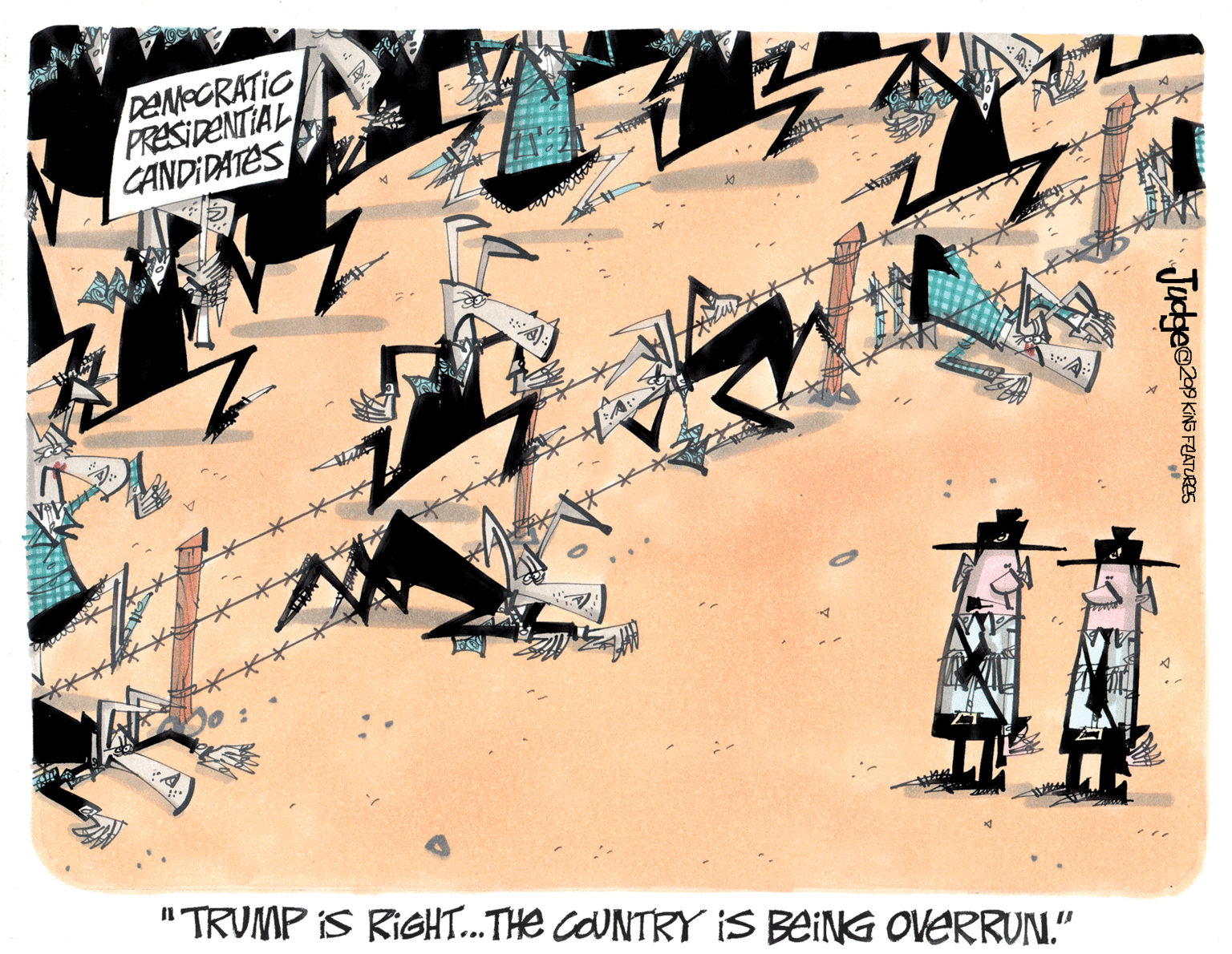 Painting OCR: DEMOCRATIC PRESIDENTIAL CANDIDATES "TRUMP IS RIGHT...THE COUNTRY IS BEING OVERRUN." DEMOCRATIC PRESIDENTIAL CANDIDATES "TRUMP IS RIGHT...THE COUNTRY IS BEING OVERRUN."