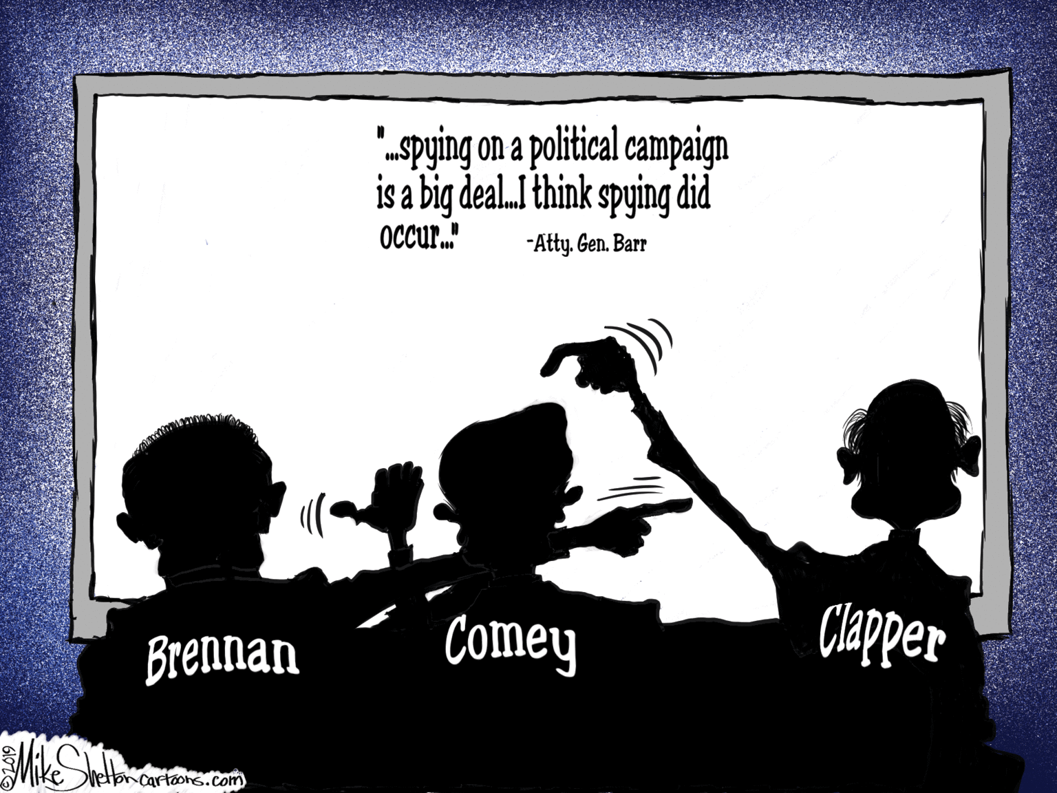 Event OCR: "-spying on a political campaign is a big deal.I think spying did OCcur." -Atty. Gen. Barr Comey Clapper Brennan ikeetbncartons.com "-spying on a political campaign is a big deal.I think spying did OCcur." -Atty. Gen. Barr Comey Clapper Brennan ikeetbncartons.com